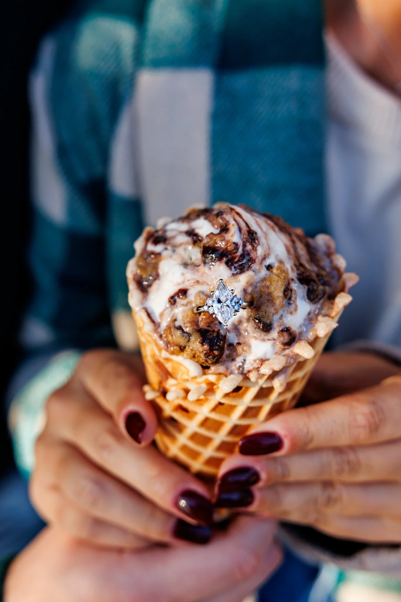 engagement ring in ice cream waffle cone