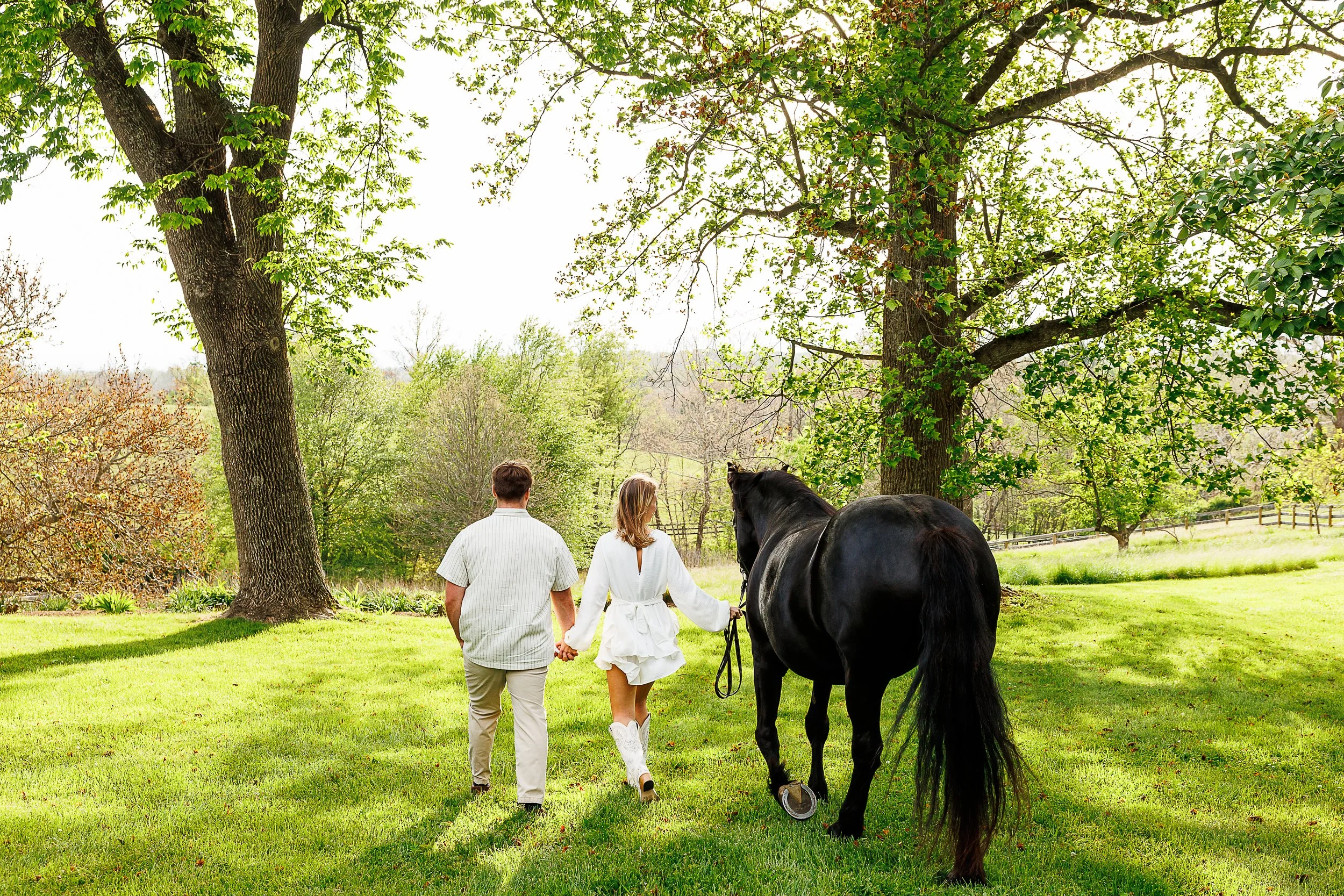 A couple walks hand in hand across a green lawn alongside a black horse. Viewed from behind, one partner leads the horse while both stroll beneath large shade trees, with rolling fields and spring foliage stretching into the distance.