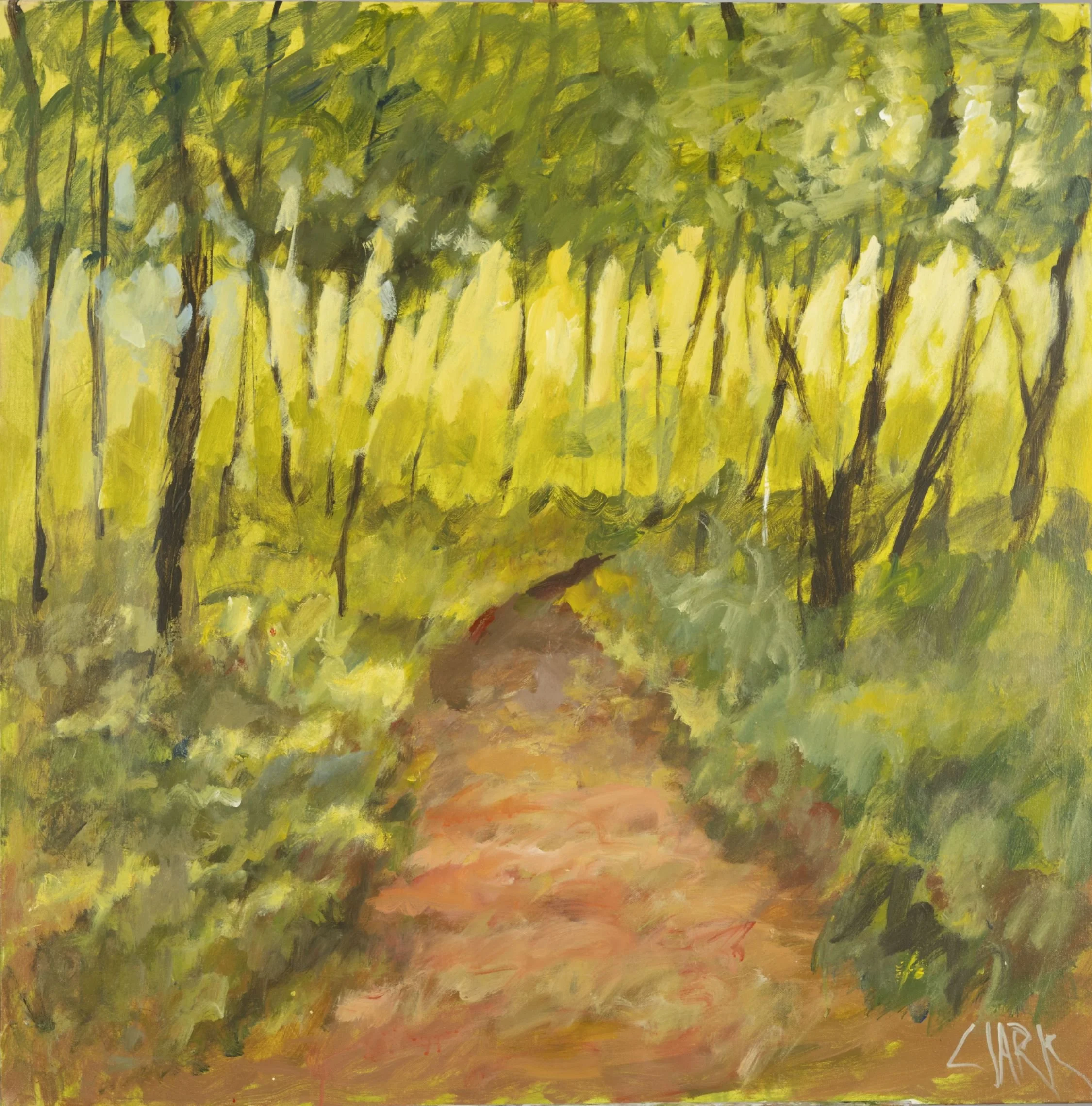 Path Through the Woods, 36x36, #1530.
This painting presents a wooded path formed through loose, abstracted shapes and flowing brushwork. Greens, browns, and warm yellow tones blend and overlap, allowing the path to emerge without fixed detail. The l