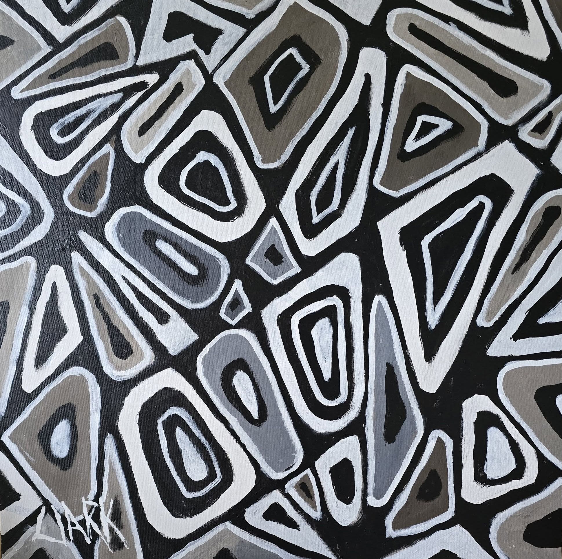 Labyrinth, 30 x 30, #1867.
An abstract painting composed of repeated, irregular shapes outlined in bold black lines. Variations of white, gray, and neutral tones create subtle shifts within each enclosed form. The surface is organized through repetit