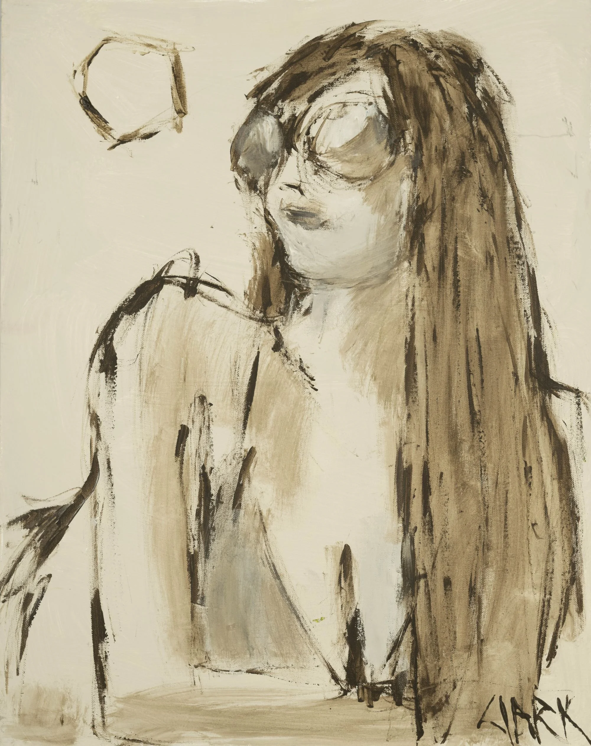 At the Beach, 28 x 22, #1466.
This figurative abstraction presents a woman rendered with loose, sketch-like brushwork against a light sepia ground. Warm, sand-toned color and linear marks suggest the figure without defining a specific setting.
