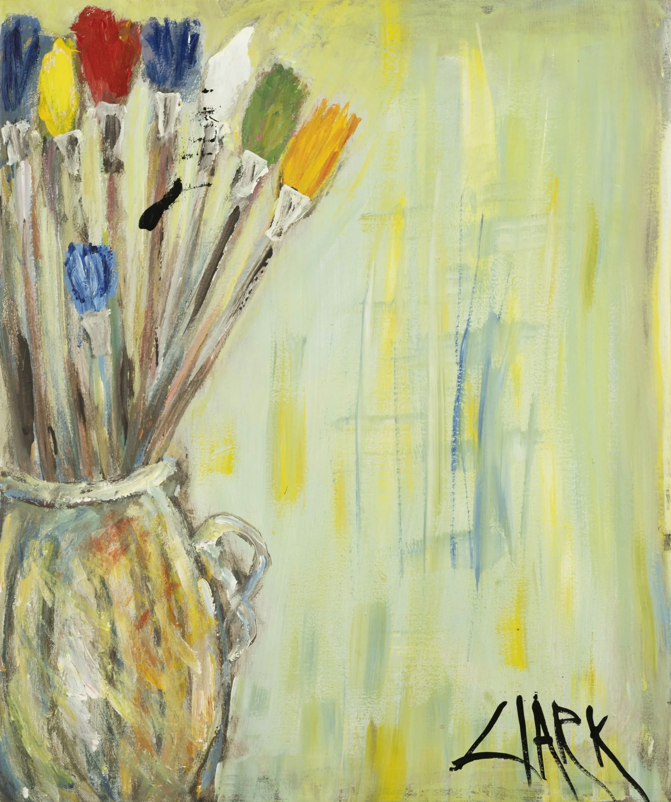 Artist Tools, 24 x 20, #1612.
Paintbrushes are gathered in a loosely rendered vessel. Simplified form and open space organize the tools through gesture and surface.
