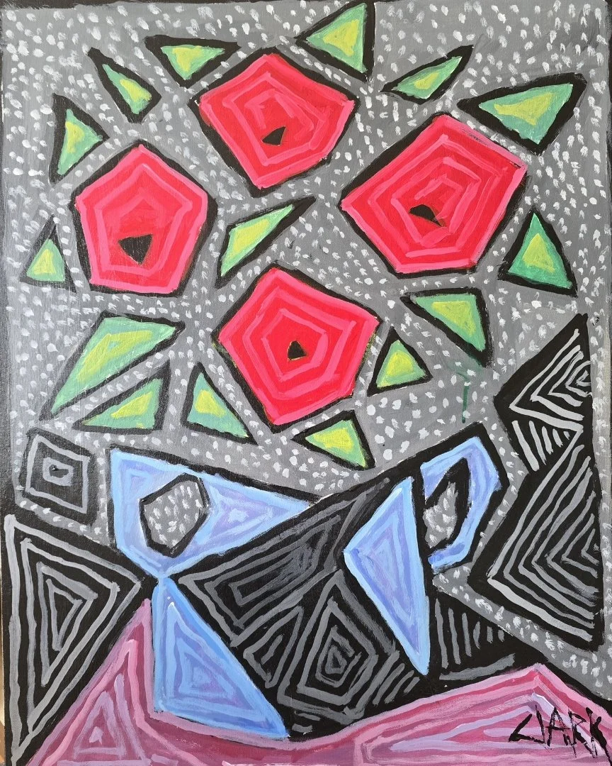 Four Roses, 30 x 24, #1860.
A floral composition structured through repeated rose forms arranged across the surface. Thick outlines define each shape, while flattened areas of color and patterned background marks create a rhythmic, decorative arrange