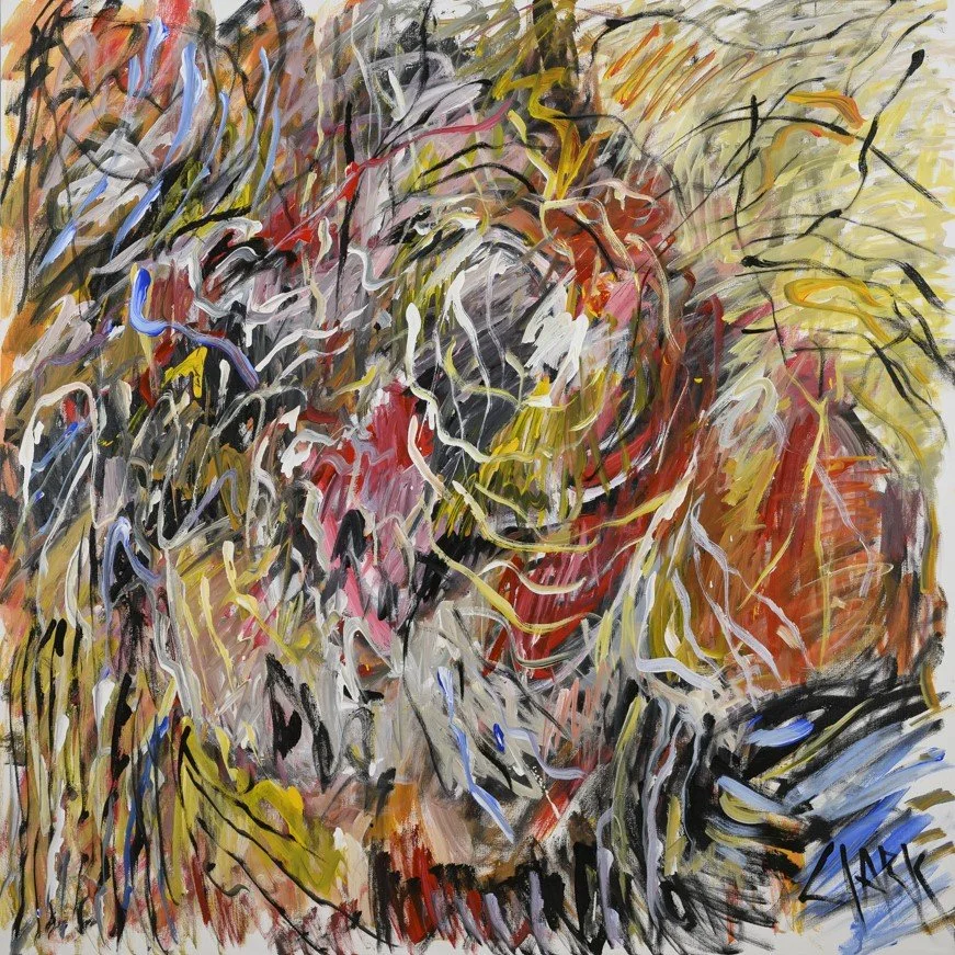 Scattered, 36 x 36, #1750.
An abstract composition structured through energetic, crisscrossing lines and layered color. Angular strokes and curved marks intersect across the surface, creating a dynamic network of forms. Areas of opacity and transpare