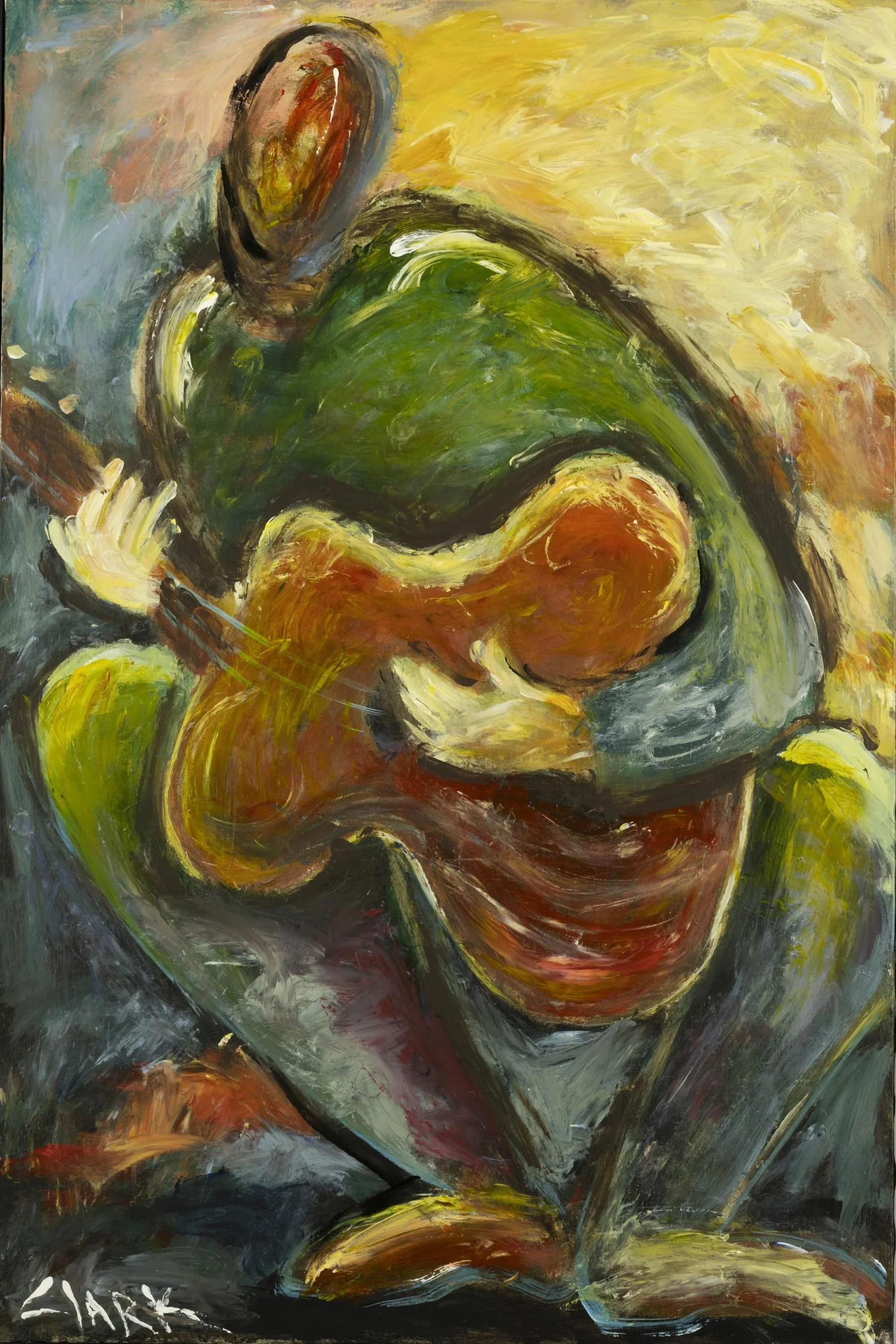 Guitarist, 36 x 24, #1480.
A guitar player is formed through layered color and expressive line. Simplified structure defines the figure through gesture.
