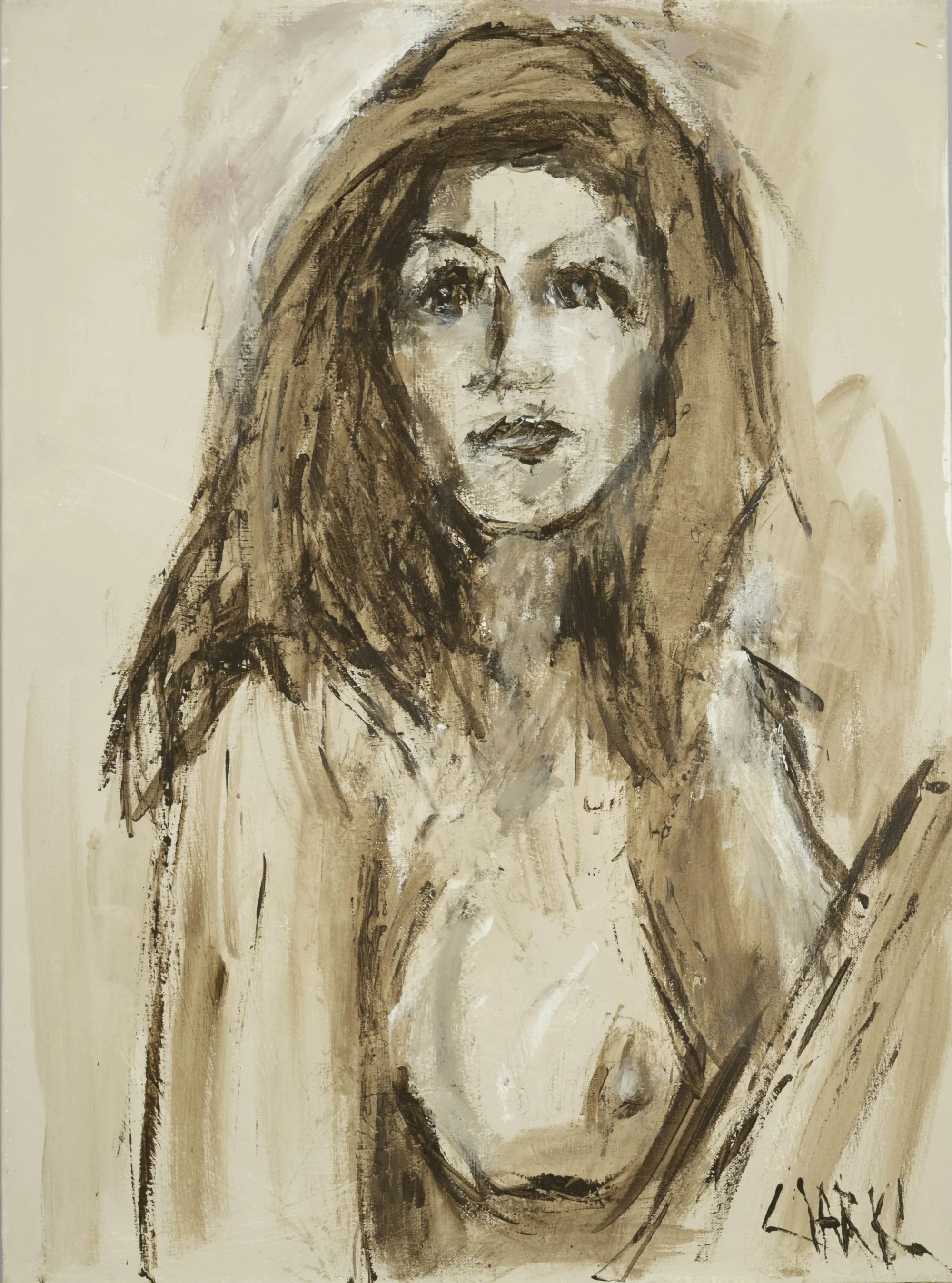 Pretty in Sepia, 30 x 22, #1647.
A softly defined nude figure emerges from a monochromatic ground. Gesture replaces anatomical detail, allowing the form to remain light and unresolved. The image maintains intimacy through economy of means.
