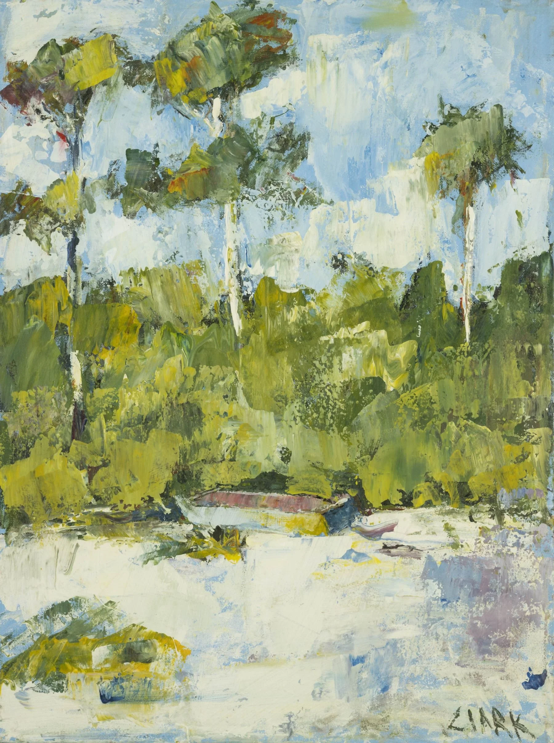 Beached, 24 x 18, #1504.  This landscape depicts a quiet sandy shoreline along Lake Harney in Geneva, Florida, with a small boat subtly positioned within the scene. Loose, expressive brushwork and layered color allow land, water, and sky to soften an