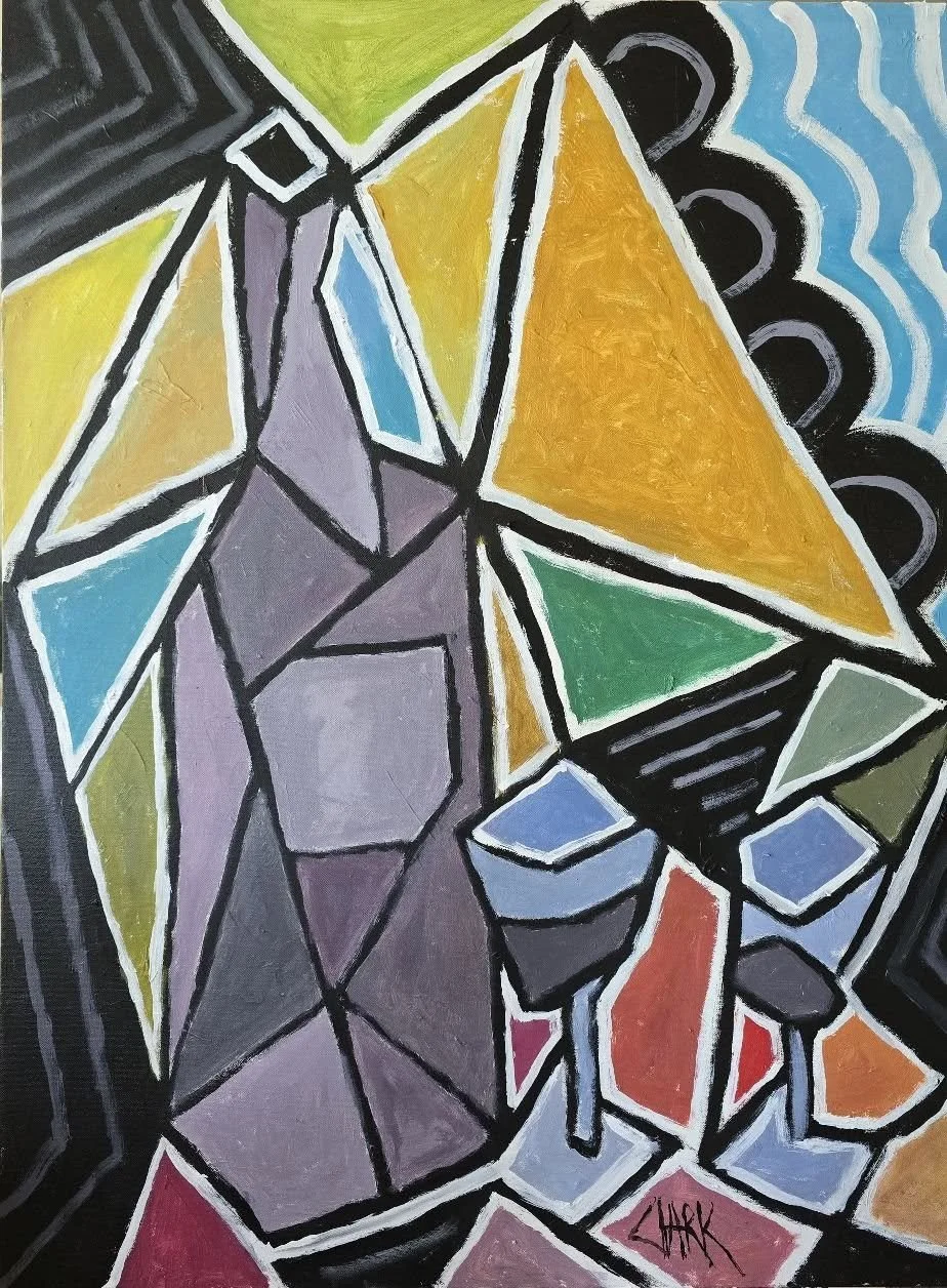 Two for Wine, 40 x 30, #1861.
A still life featuring a bottle and two glasses constructed from angular, interlocking planes. Heavy contour lines define the forms, while flat color areas emphasize shape over realism. The composition highlights balance