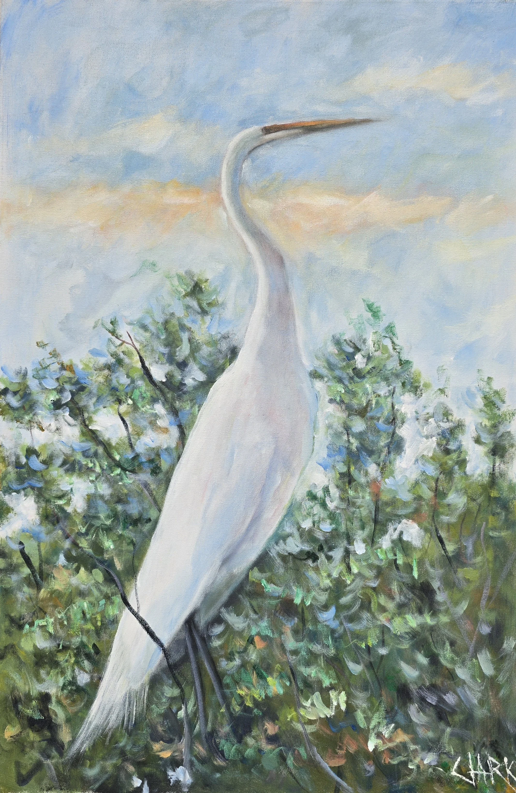 Egret, 24 x 36, #1864.
This painting depicts a white egret standing among dense shrubs. Blue sky above and green brushwork below frame the vertical figure through simplified form.
