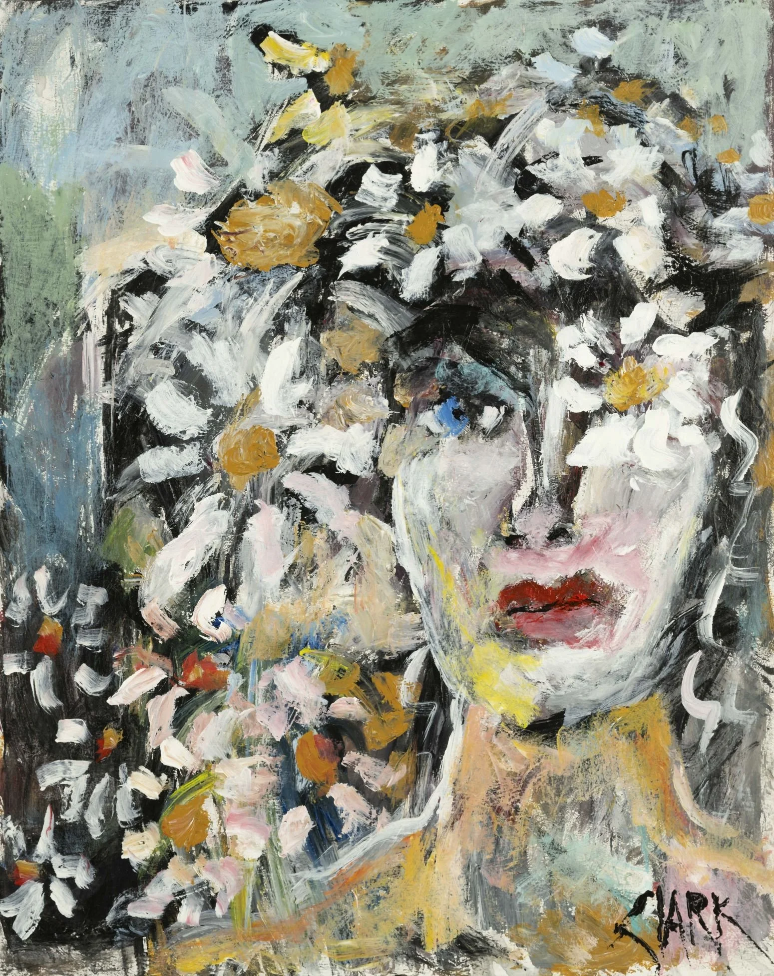 Crown of Flowers, 24 x 30, #1439.
This figurative painting presents a face encircled by a ring of flowers. Soft brushwork and expressive color merge portrait and floral elements into a single, simplified arrangement.
