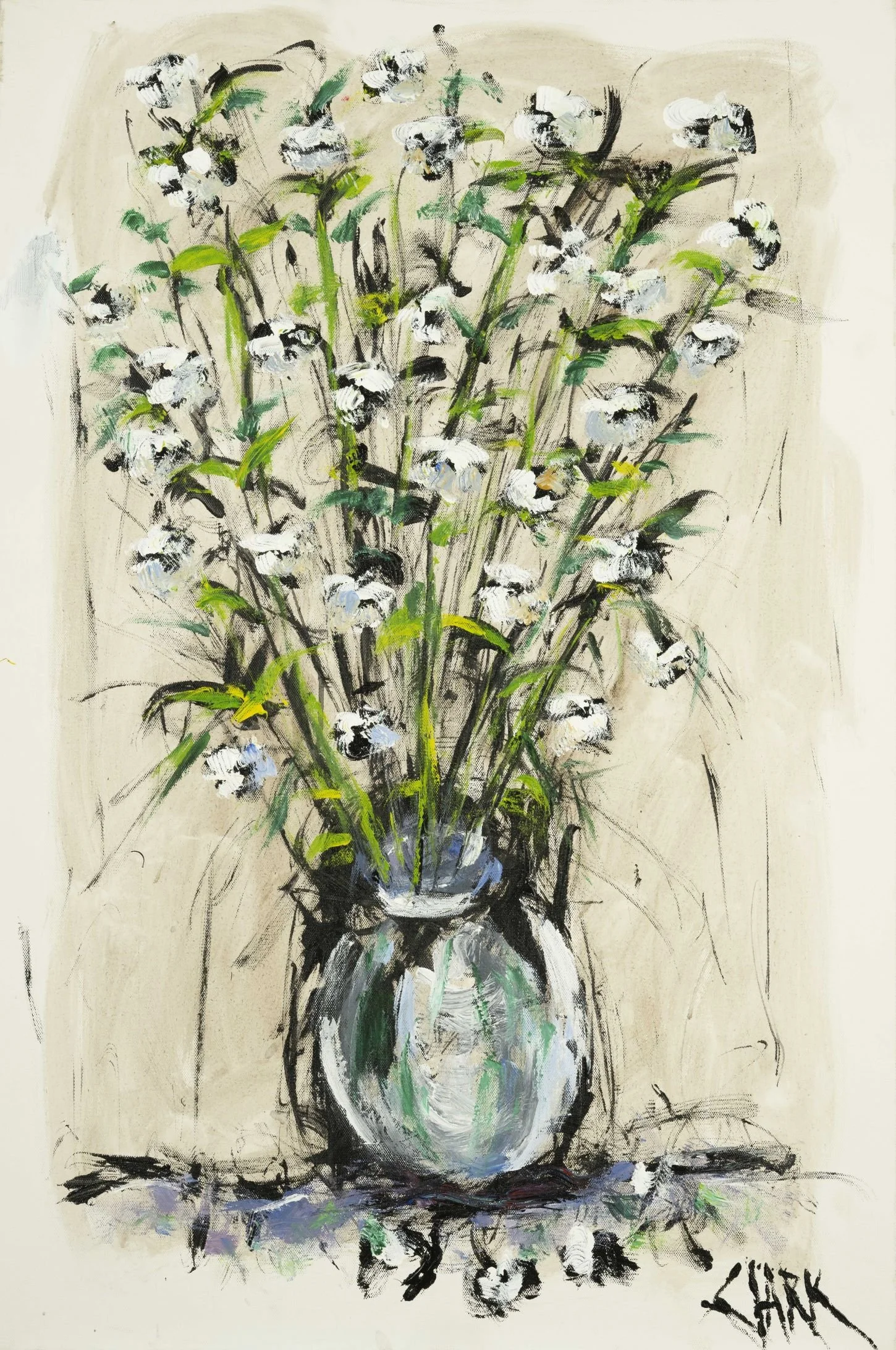 Vase of White Flowers, 36 x 24, #1573.
A tall bouquet rises from a vase, formed through gestural line and layered paint. Structure and softness are balanced through simplified form.
