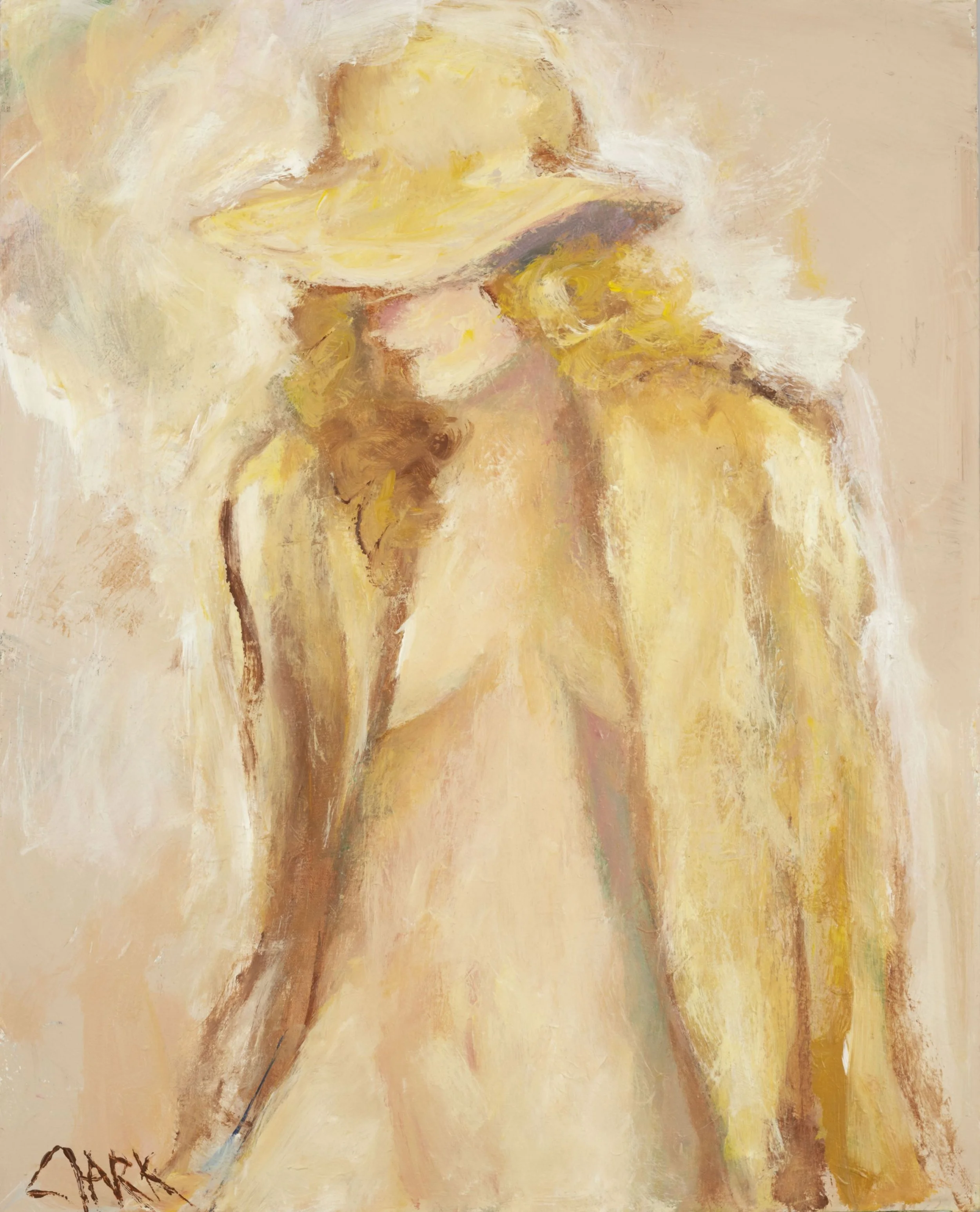 Hat and Coat, 30 x 24, #1644.
A frontal figure is loosely assembled through layered color and softened boundaries. Clothing and body merge through shared brushwork rather than sharp separation. The image balances structure with painterly openness.