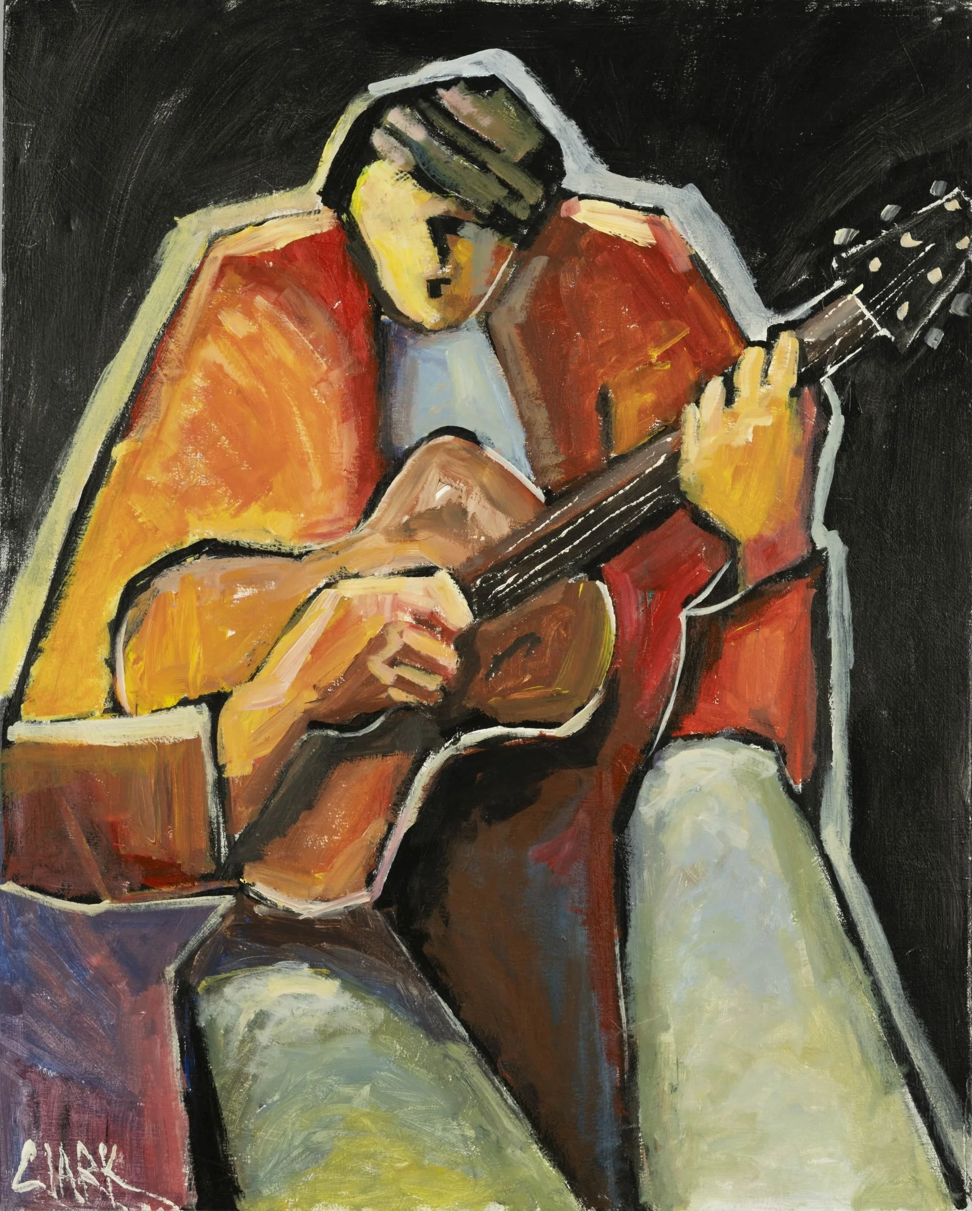 Strum, 30 x 24, #1479.
A musician playing a guitar is rendered through rhythmic brushwork and simplified shape. Figure and instrument merge through gesture.
