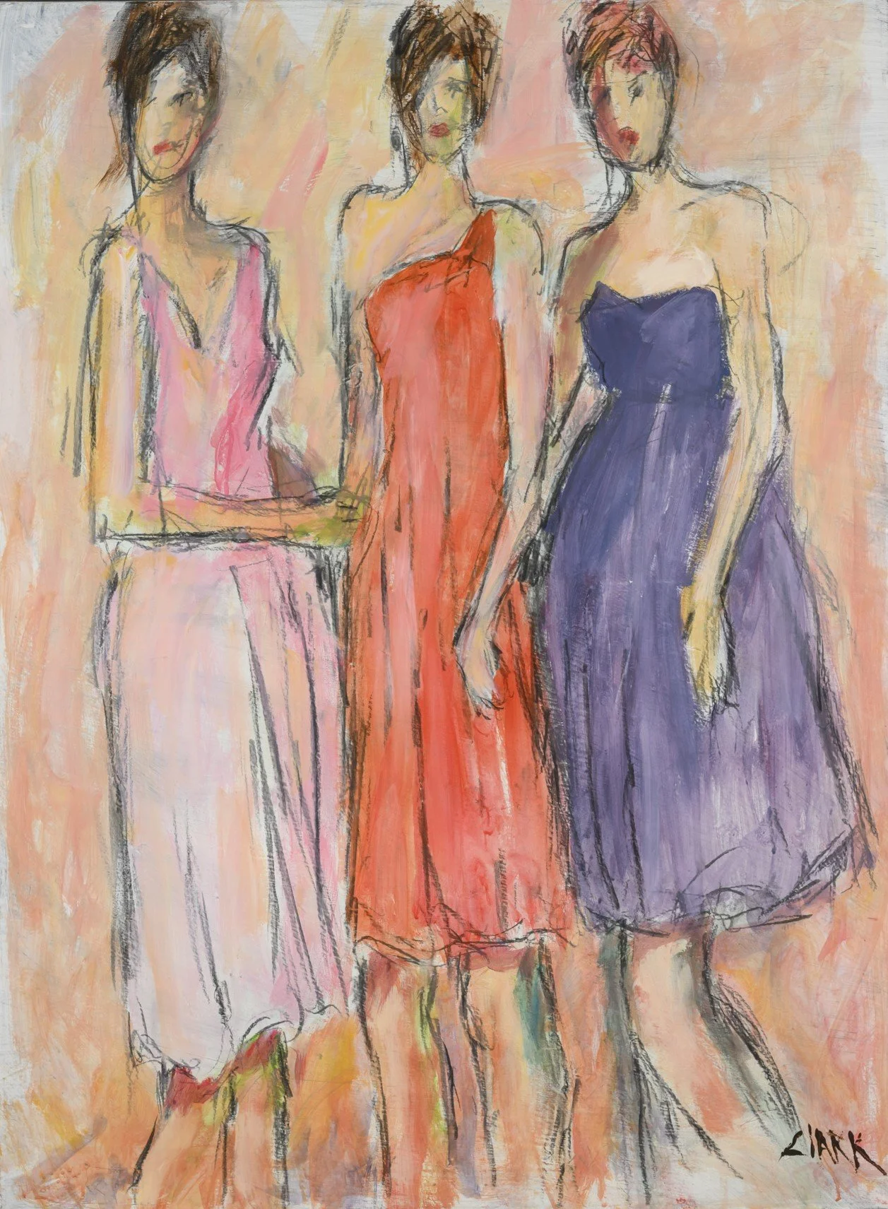 Debutantes, 40 x 30, #1658.
A small group of women is formed through expressive line and sketch-like brushwork. Shared scale and proximity organize the grouping while individual forms remain distinct.
