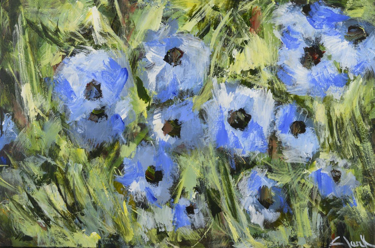 Blue Flowers, 24 x 36, #1703.
An abstracted floral composition formed through dense, layered brushwork. Short strokes and repeated marks organize the surface into a rhythmic field of color.
