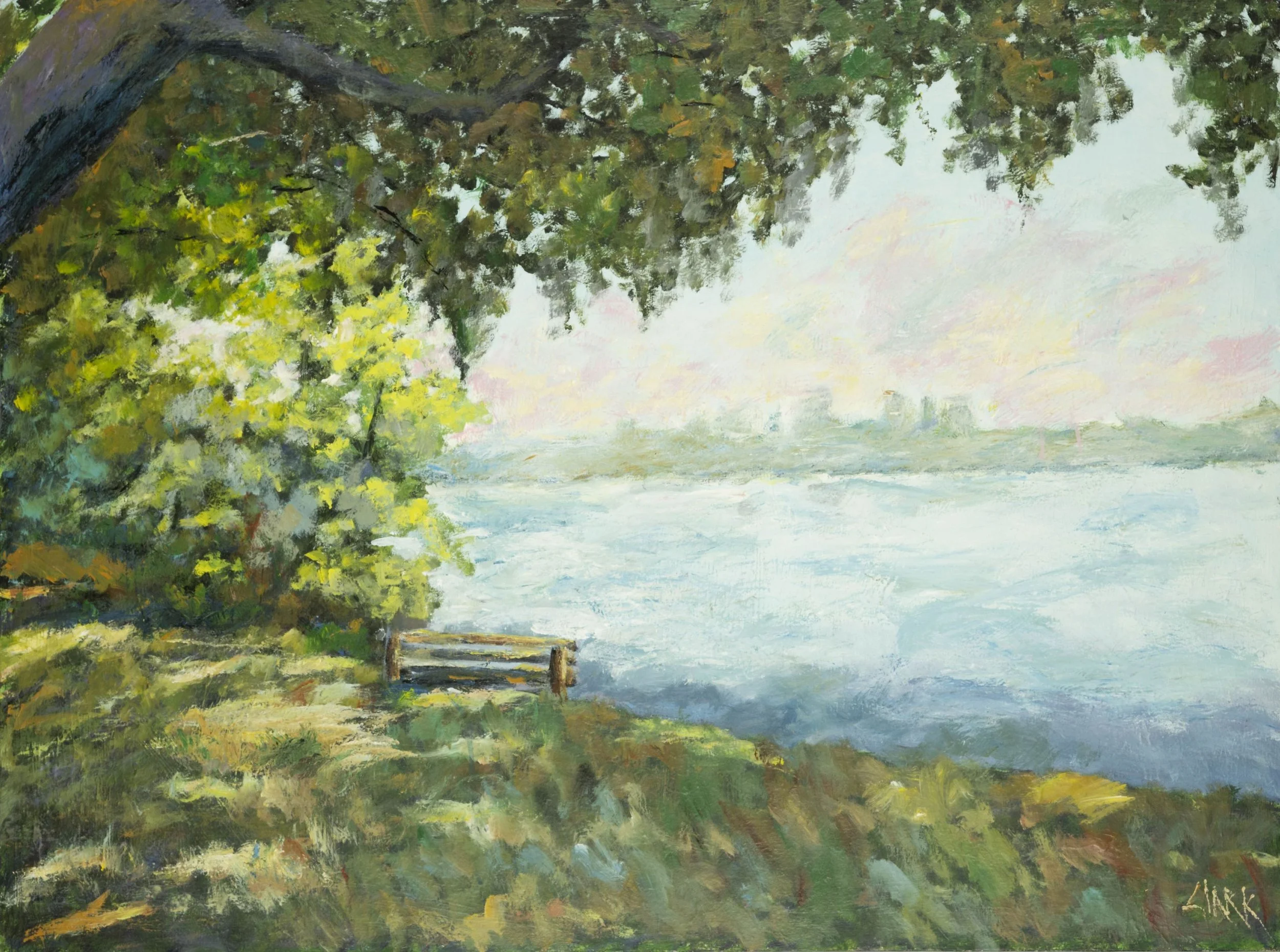 Lake Ivanhoe, 36 x 48, #1512.  This landscape presents Lake Ivanhoe in the College Park area of Orlando, Florida, with the downtown skyline faintly visible in the distance. Soft transitions of color and fluid brushwork emphasize openness and spatial 