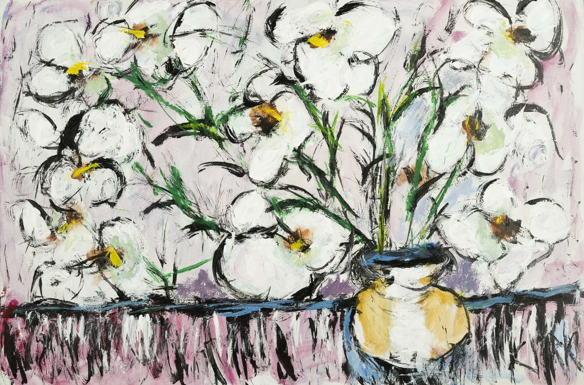 White Flowers, 24 x 36, #1574.
A floral arrangement emerges through softened edges and restrained color. Subtle tonal shifts define the bouquet with minimal detail.
