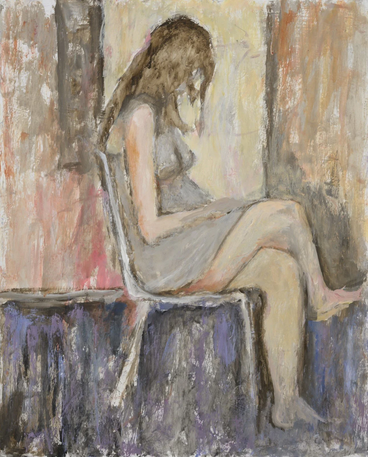 Reflection, 30 x 24, #1722.
A seated figure is rendered within a softly defined space. Layered brushwork and muted color describe posture and containment through simplified form.
