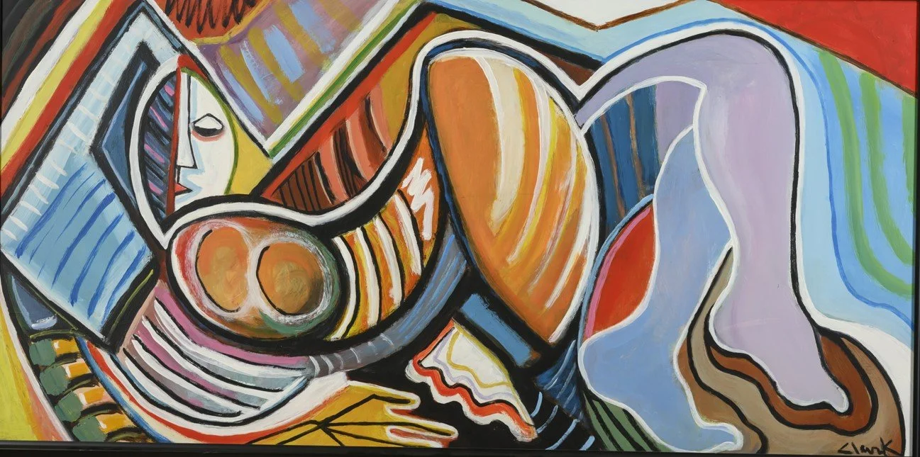 Girl on Couch, 24 x 48, #1777.
This abstracted figurative work depicts a reclining figure defined by strong contour lines and deliberately shaped areas of color. Facial features and limbs are present yet intentionally distorted, with form built throu