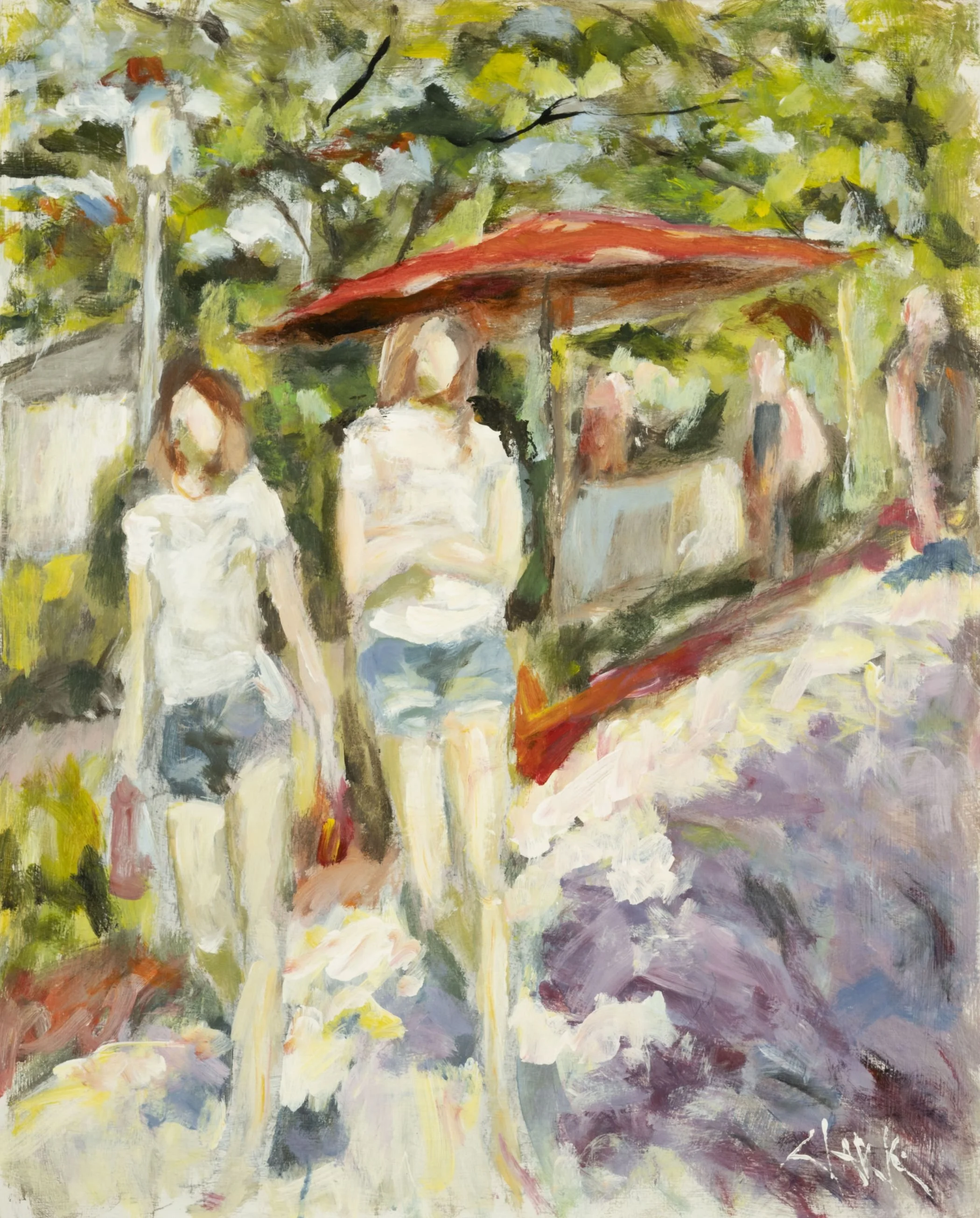 Strolling Bazaar, 30 x 24, #1471.
Figures move through an outdoor event at Lake Lily in Maitland, Florida. Grouping and directional flow are suggested through loose brushwork and simplified forms.
