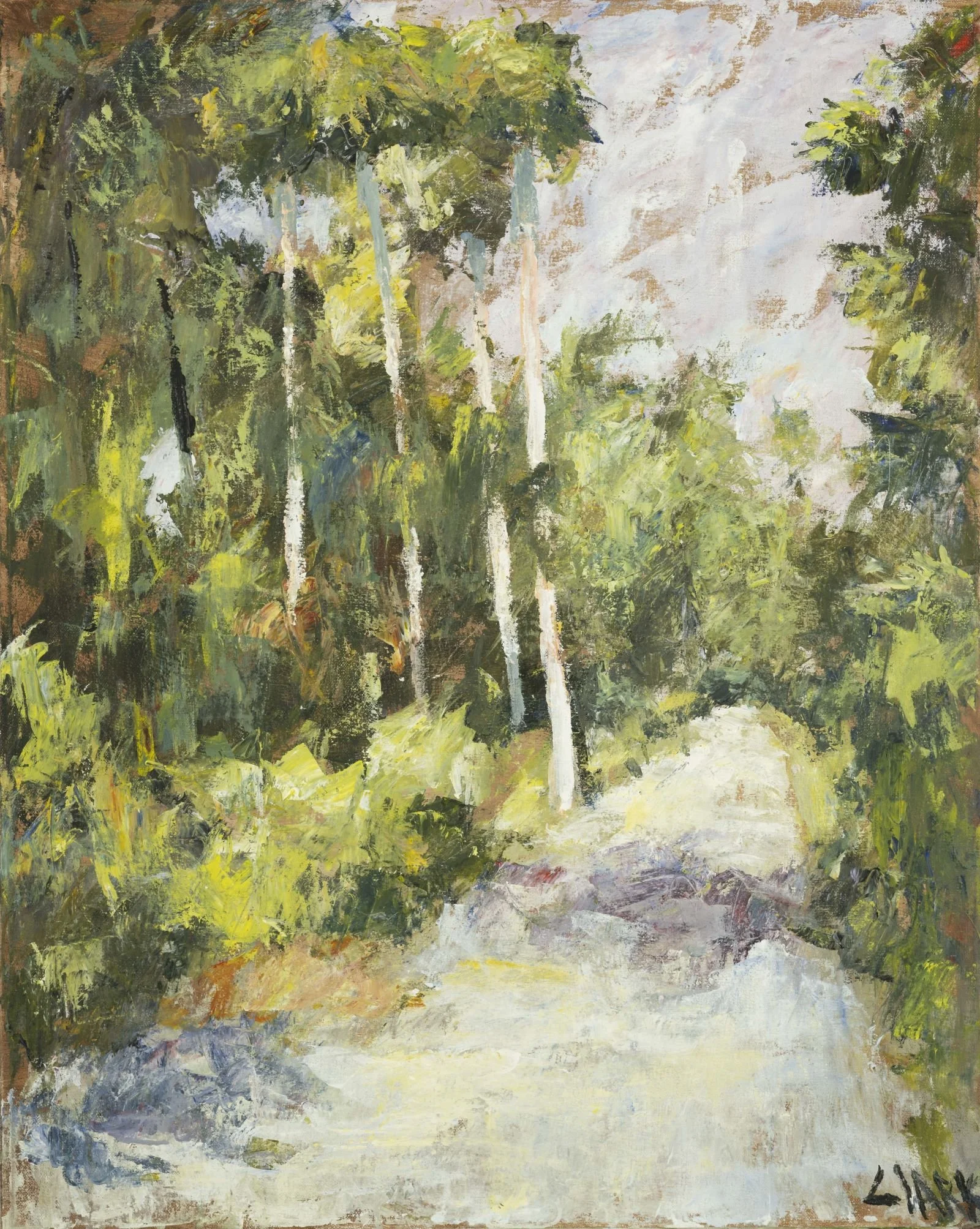 To Lake Jessup, 30 x 24, #1503.  This painting depicts a dirt road leading toward the waters of Lake Jessup, framed by dense Florida vegetation. Layered brushwork and luminous color suggest depth and approach without sharp detail.