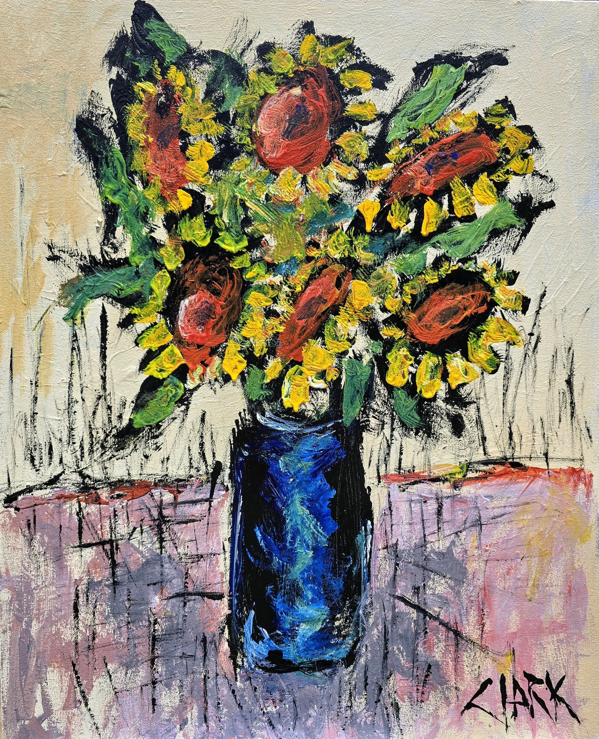 Sunflowers in Black Vase, 30 x 24, #1855.
Bright flowers crown a dark vase, creating strong contrast. Assertive brushwork and clear silhouettes organize the composition.
