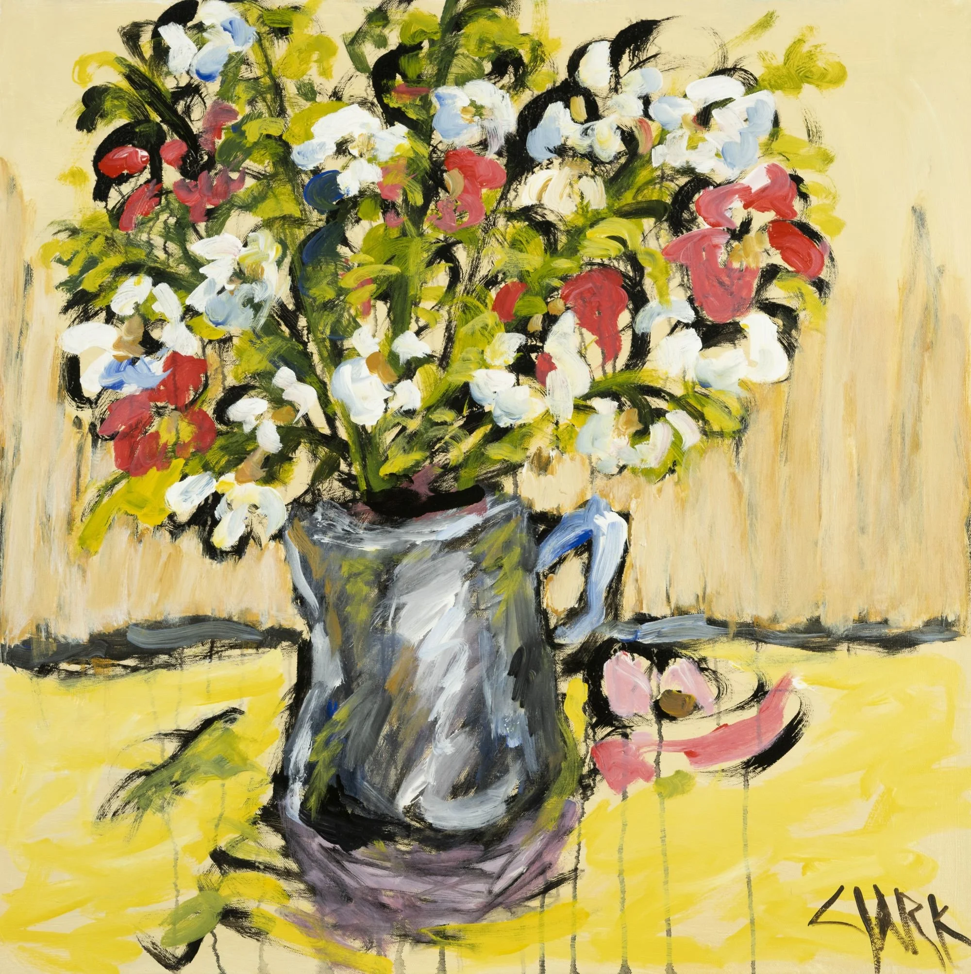Flowers in Mug, 30 x 30, #1575.
A simple mug holds a loose spray of flowers. Gestural brushwork and visible drips organize the image through movement and surface.
