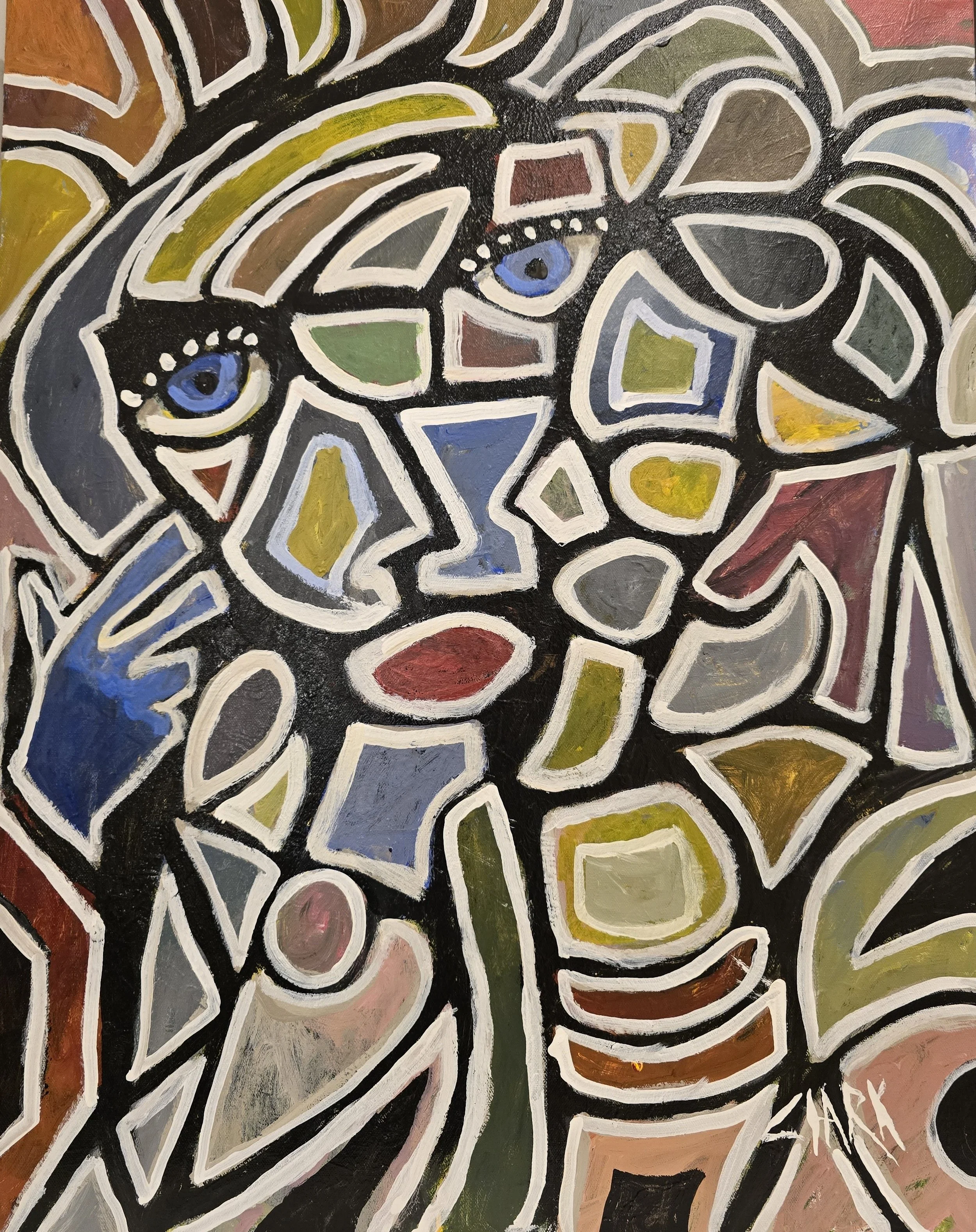 Perplexed, 30 x 24, #1869.
A representational yet unconventional figurative composition constructed from bold contour lines and flattened shapes. The figure is built from interlocking geometric forms that create a mosaic-like surface. Simplified plan