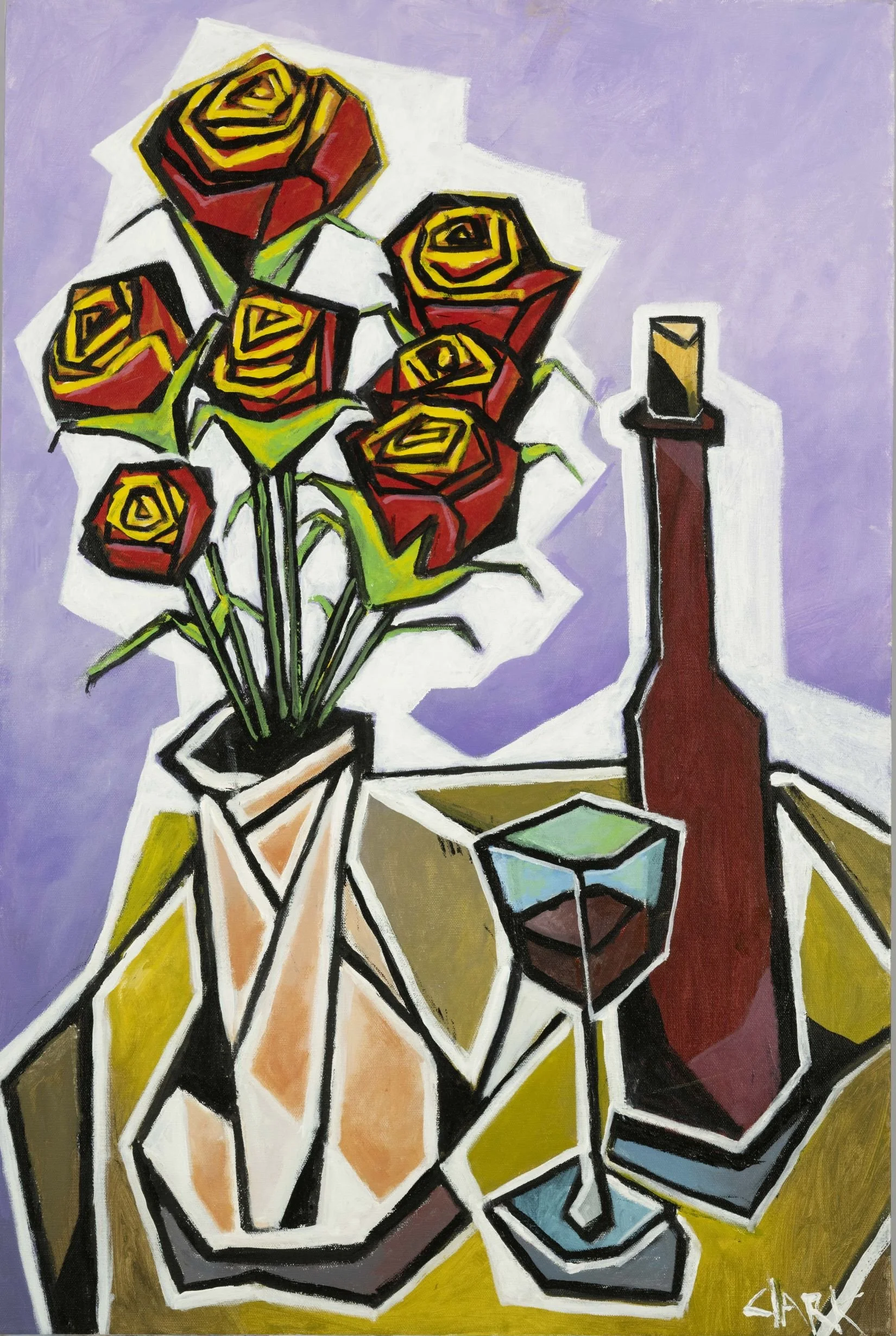Wine and Roses, 30 x 20, #1552.
A still life composed of roses, a bottle, and a glass arranged on a tabletop. Bold black contour lines enclose faceted, geometric shapes, flattening space and unifying the objects. The forms are simplified and construc