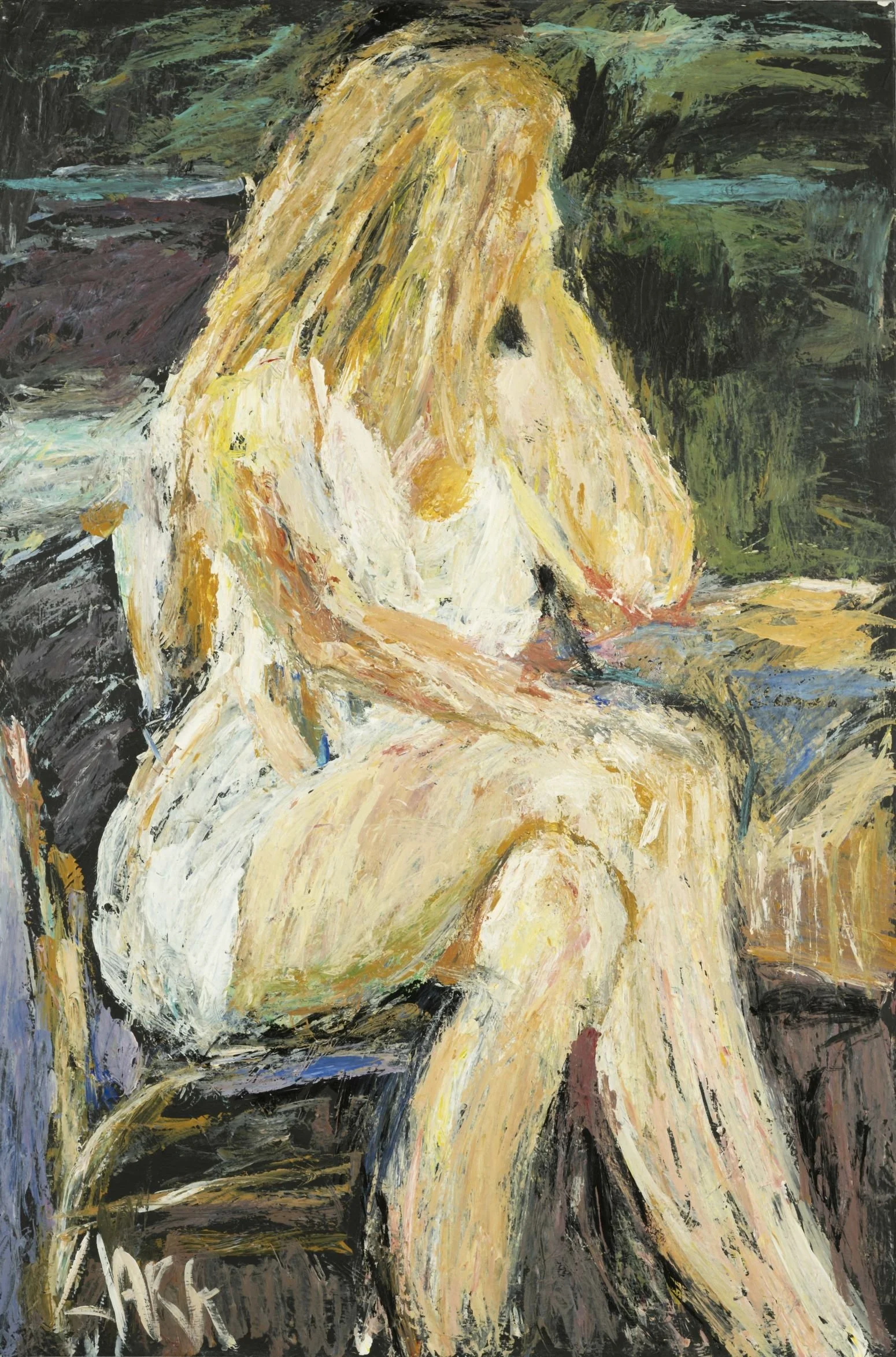 Lunch in White Dress, 36 x 24, #1401.
A seated figure is constructed through deliberate strokes and layered paint. Contrast between figure and ground structures the composition.
