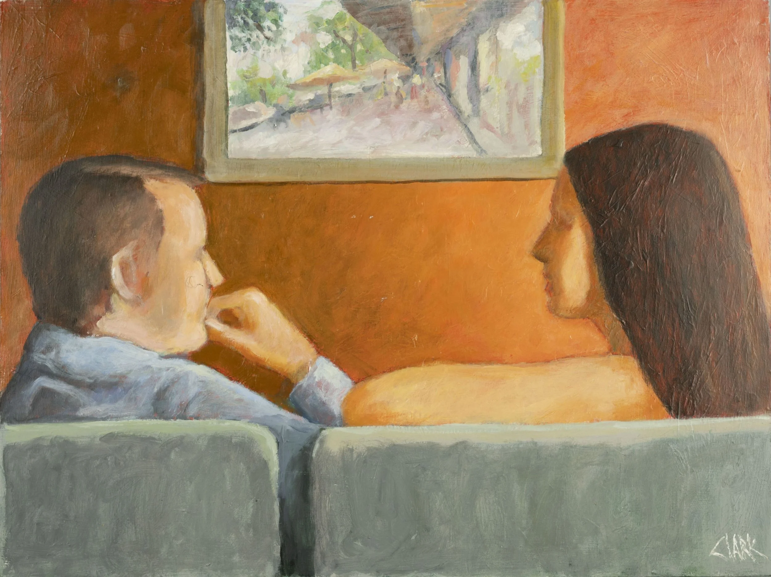 The Conversation, 30 x 40, #1616.
This figurative painting depicts a man and woman seated side by side, viewed from behind. Their close placement and simplified forms are rendered with restrained brushwork and layered color.
