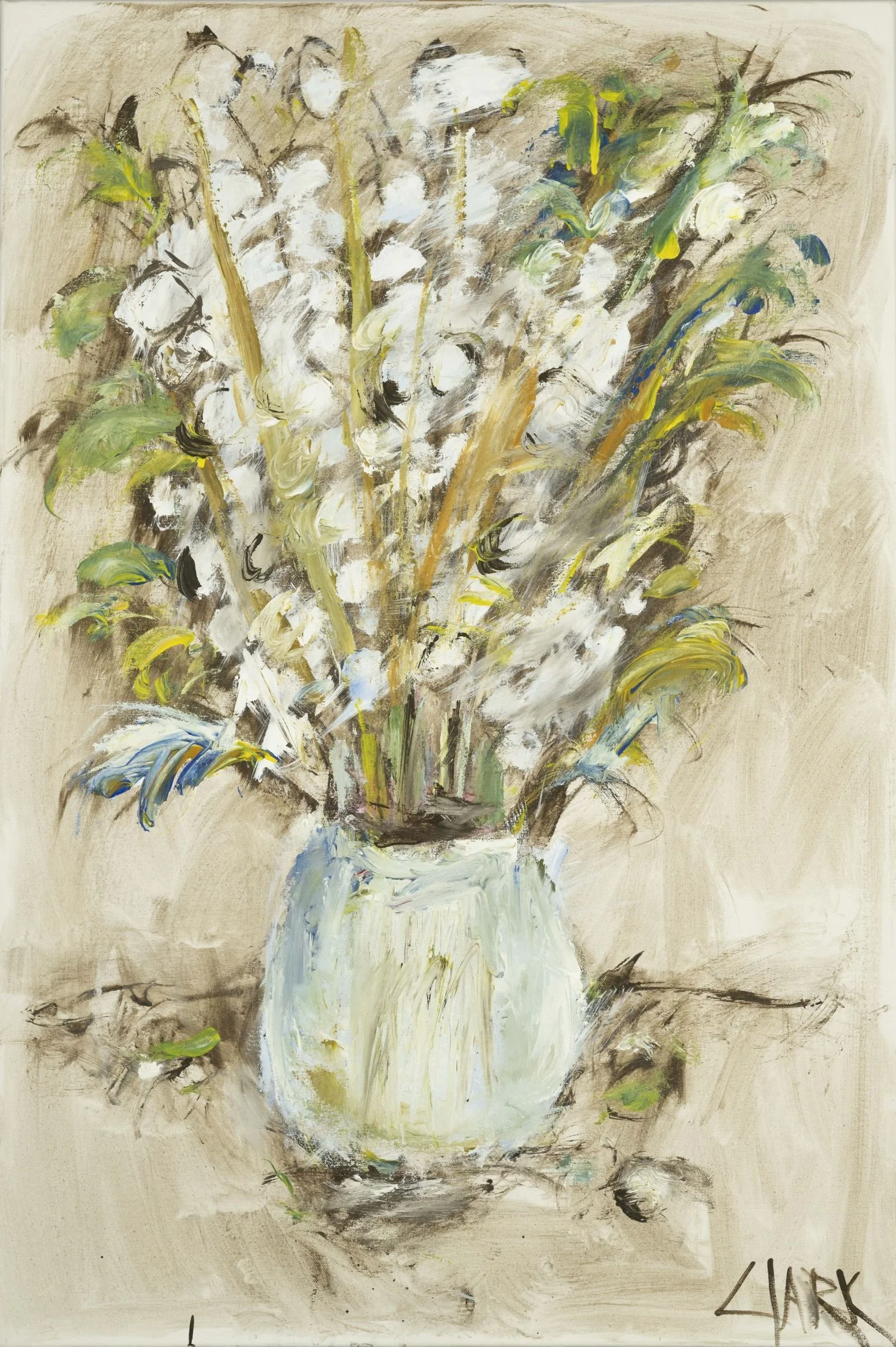 White Flowers on Table, 36 x 24, #1572.
A vertical floral arrangement stands on a table. Gentle brushwork and soft color transitions define the forms without precision.
