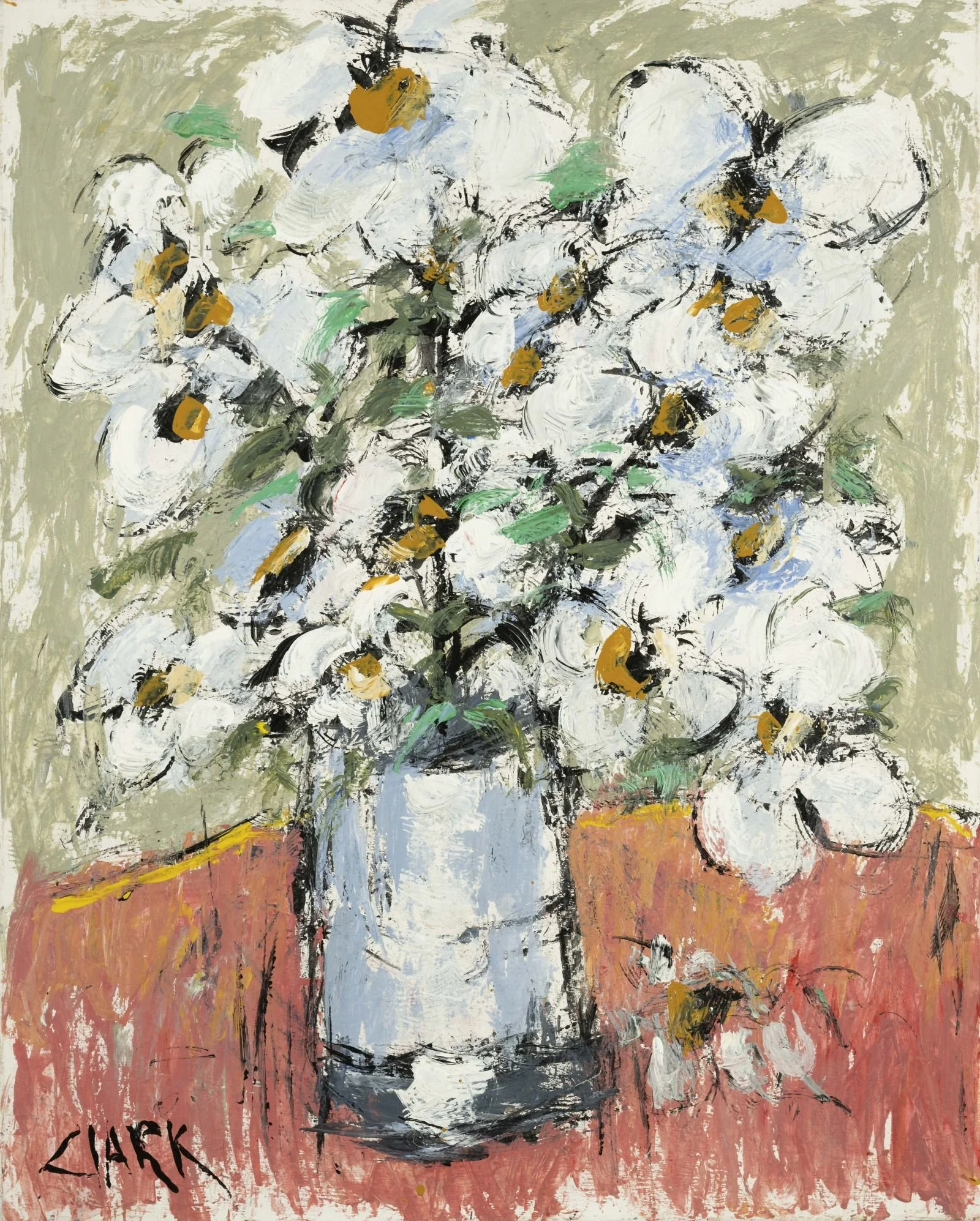 Flowers on Red Table, 30 x 24, #1576.
A vase of flowers is positioned on a strongly colored table. Simplified forms and bold horizontal and vertical elements organize the composition.
