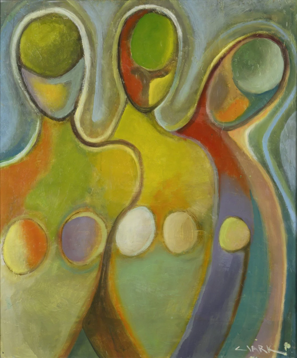 3 Girls, 36 x 30, #1764.
This figurative abstraction presents three girls portrayed through simplified form, color, and line. The close grouping and shared scale organize the composition while allowing each figure to remain distinct.
