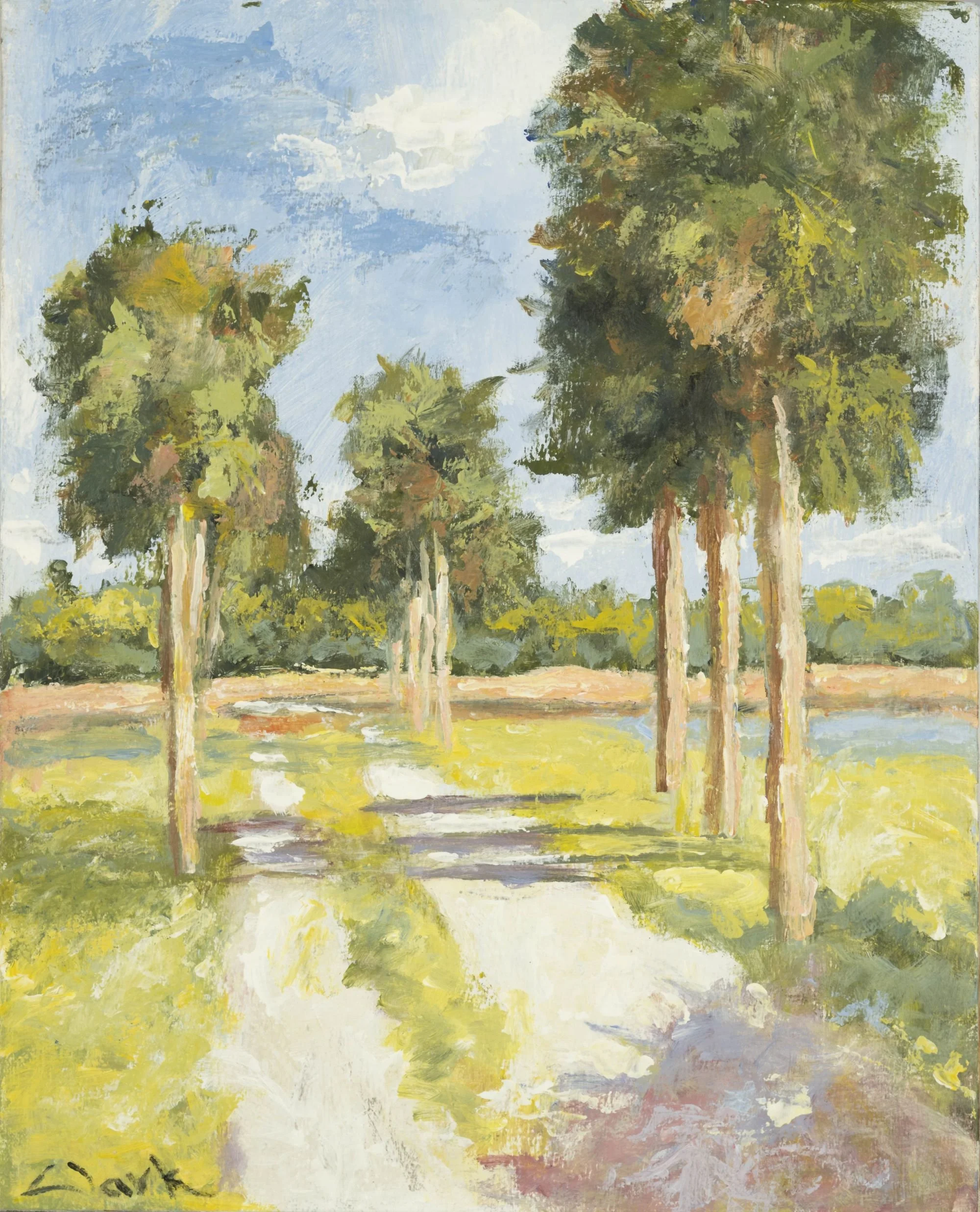 River Road, 20x16.  #1511.  This painting presents a wide, open road near the St. John’s River in Geneva, Florida, leading toward dense vegetation in the distance. Vertical palms and softened reflections shape the composition through gesture and colo