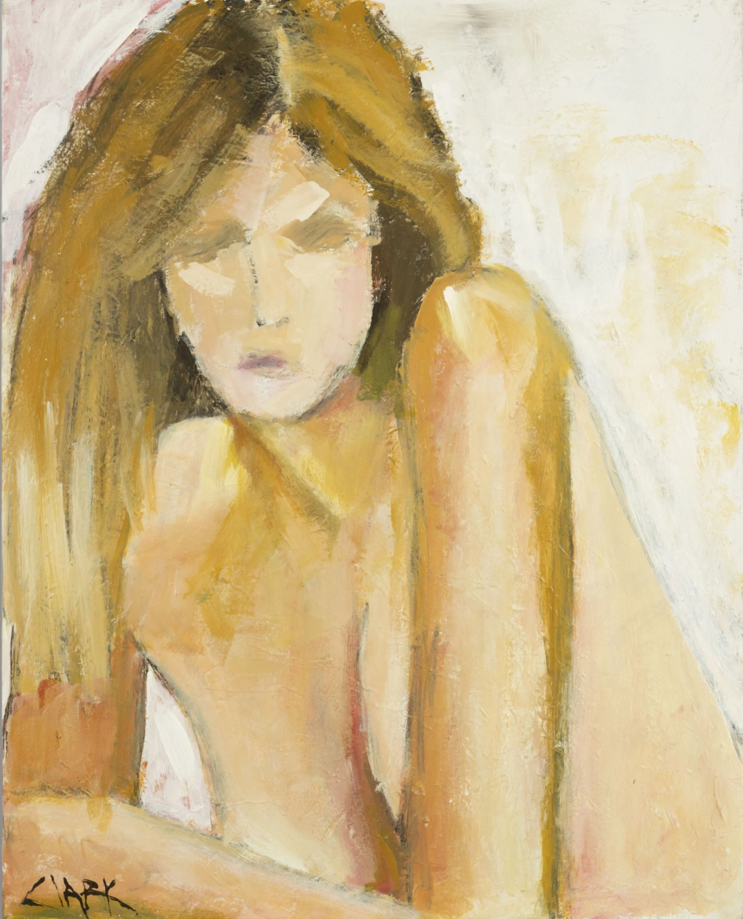 Gaze, 30 x 24, #1646.  
A frontal figure is presented with direct simplicity. Broad brushstrokes and restrained color define the form without emphasis on detail. The composition relies on proportion and surface rather than narrative cues.