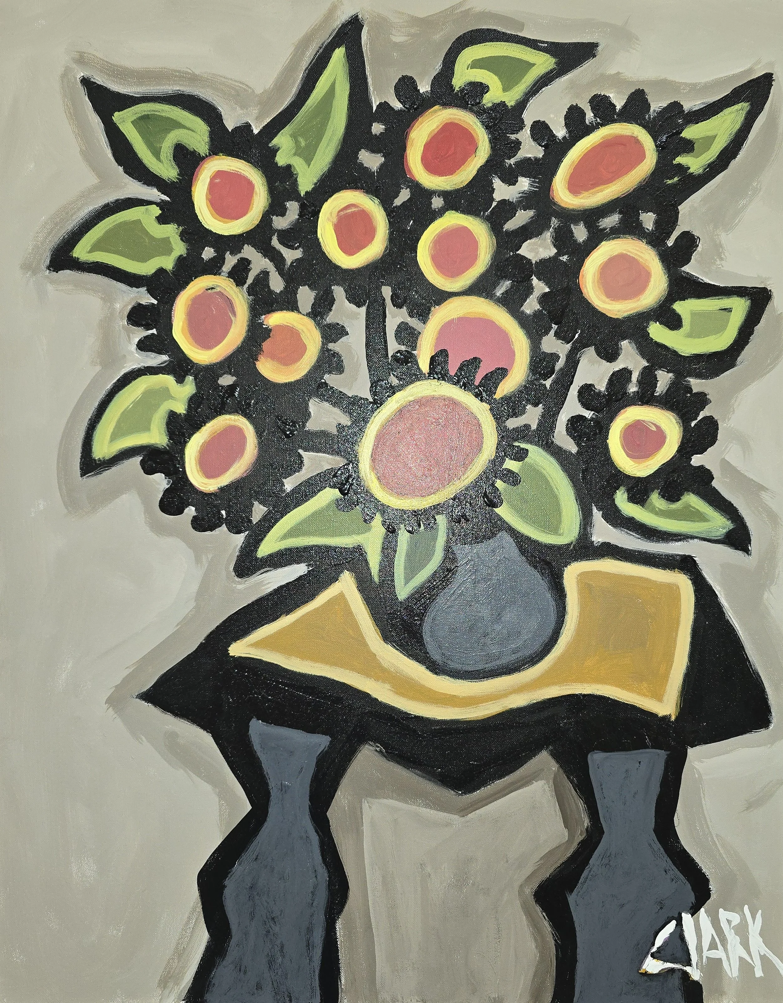 Nature Morte, 30 x 24, #1872.
A still life arrangement of flowers in a vessel placed on a tabletop. The forms are simplified and outlined with strong black contours, with flattened shapes defining petals, leaves, and surrounding space. The compositio