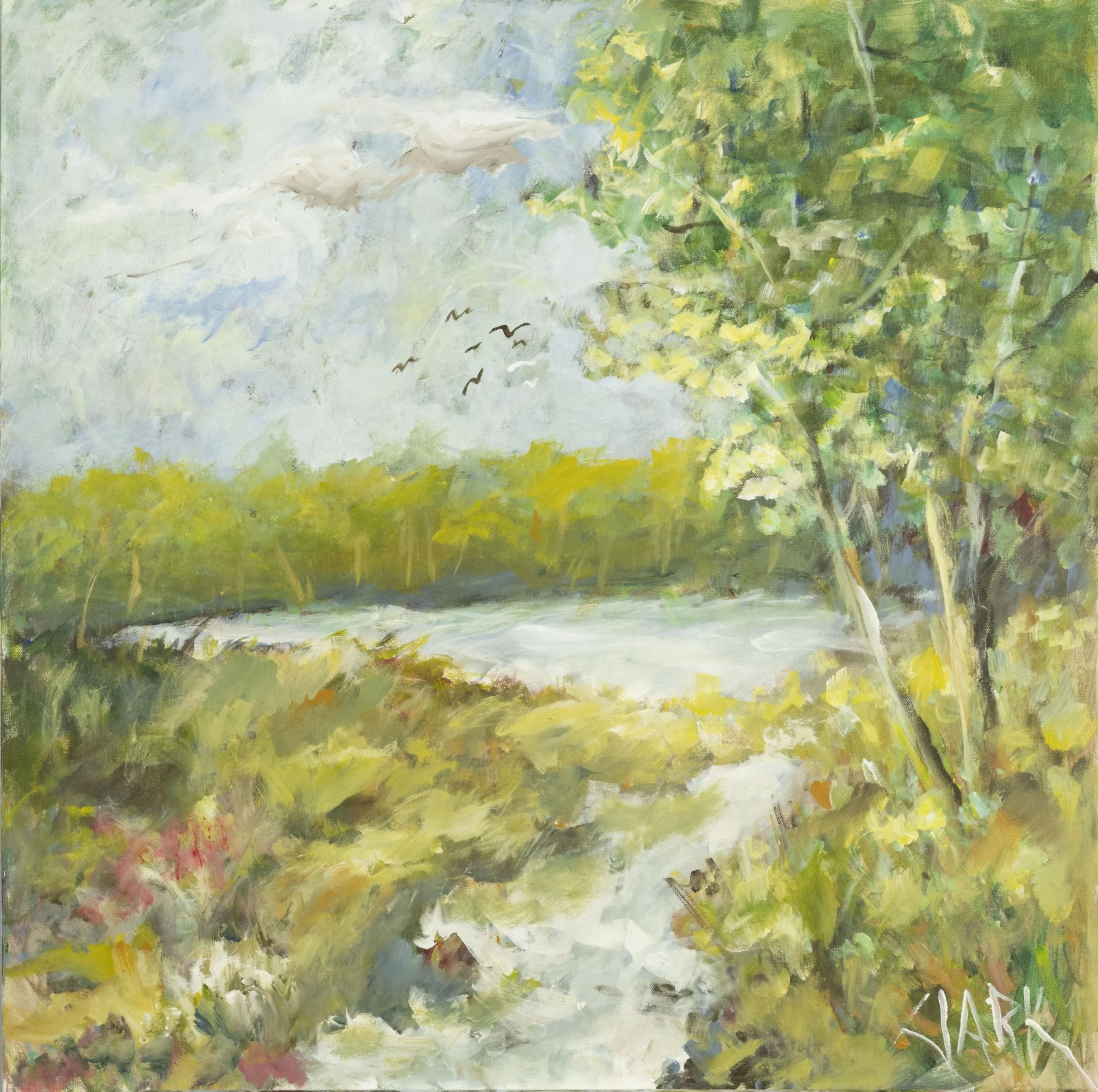 Side Water, 30 x 30, #1534.
A loosely rendered landscape presents a narrow body of water bordered by softened land forms. Layered brushwork and subtle shifts in tone allow the scene to remain open and spatially fluid. Natural elements are suggested r