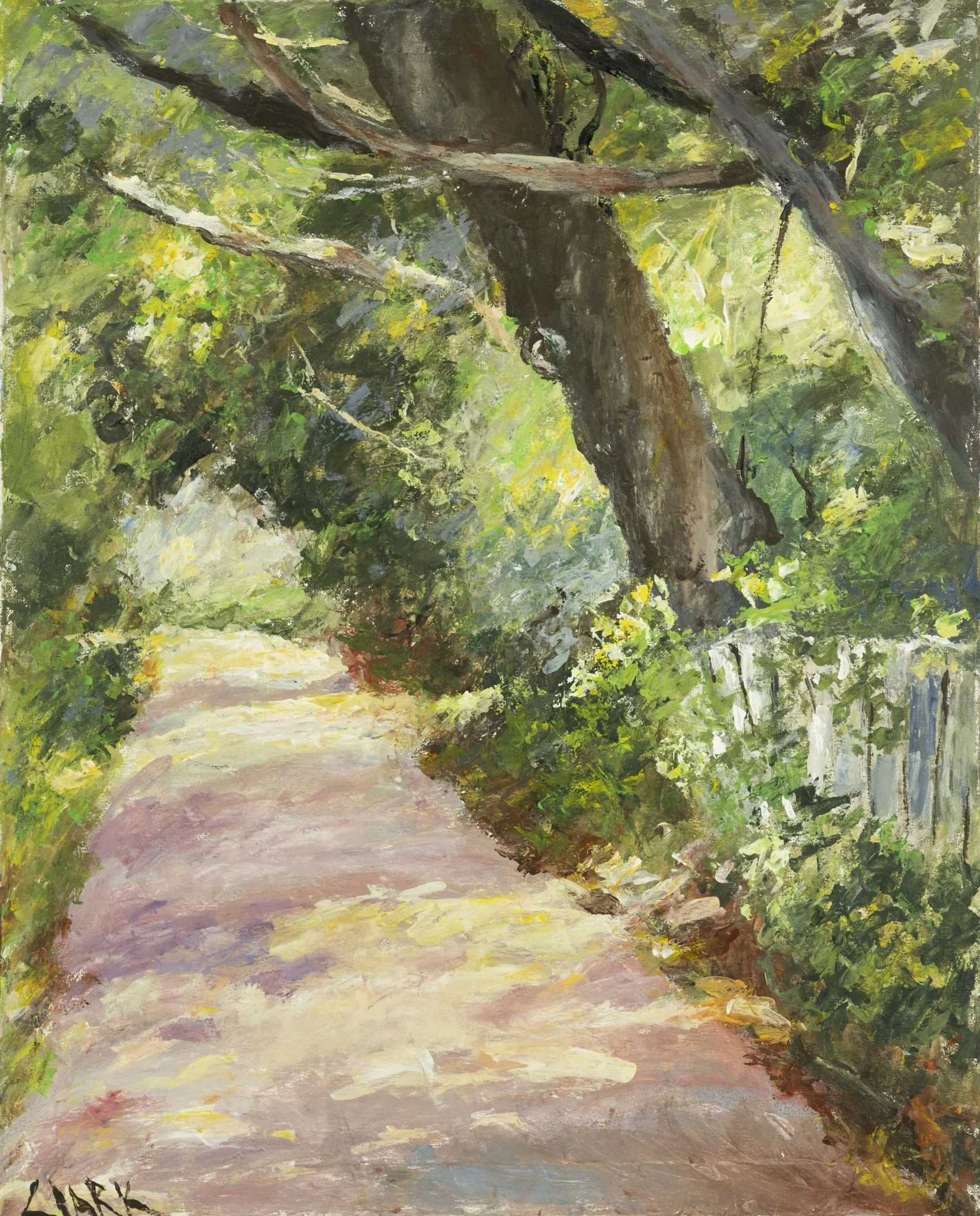 Druid Walk, 30 x 24, #1520.  This painting depicts a shaded path along a quiet street in Maitland, Florida, near the artist’s home. Layered greens and softened edges create an enclosed space beneath a canopy of trees.