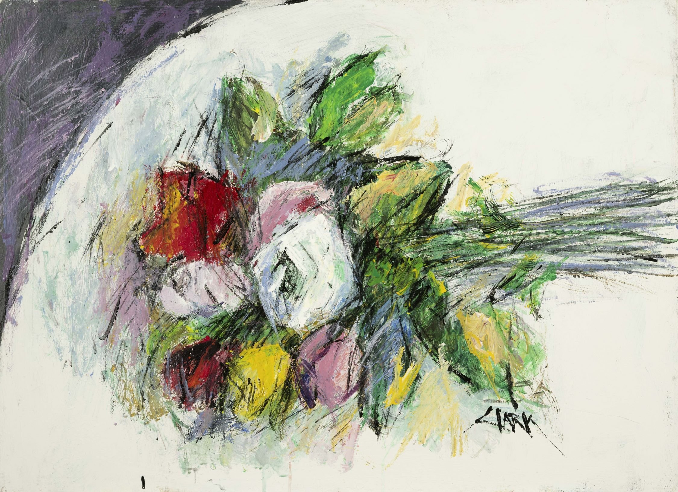 Bouquet on Table, 22 x 30, #1560.
A loosely arranged bouquet sits atop a horizontal surface. Clustered marks and layered color suggest flowers through movement and surface variation.
