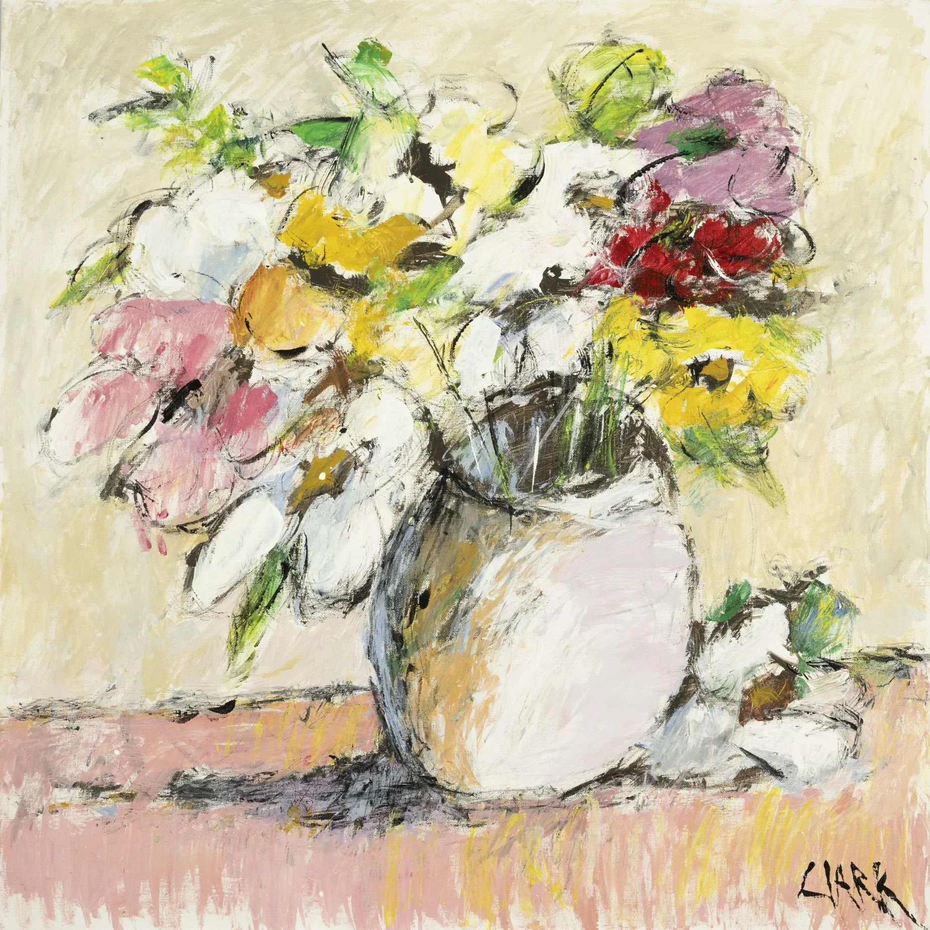 Flowers in Pot, 30 x 30, #1561.
A low vessel supports a spreading arrangement of flowers. Layered paint and energetic strokes suggest volume and outward movement.
