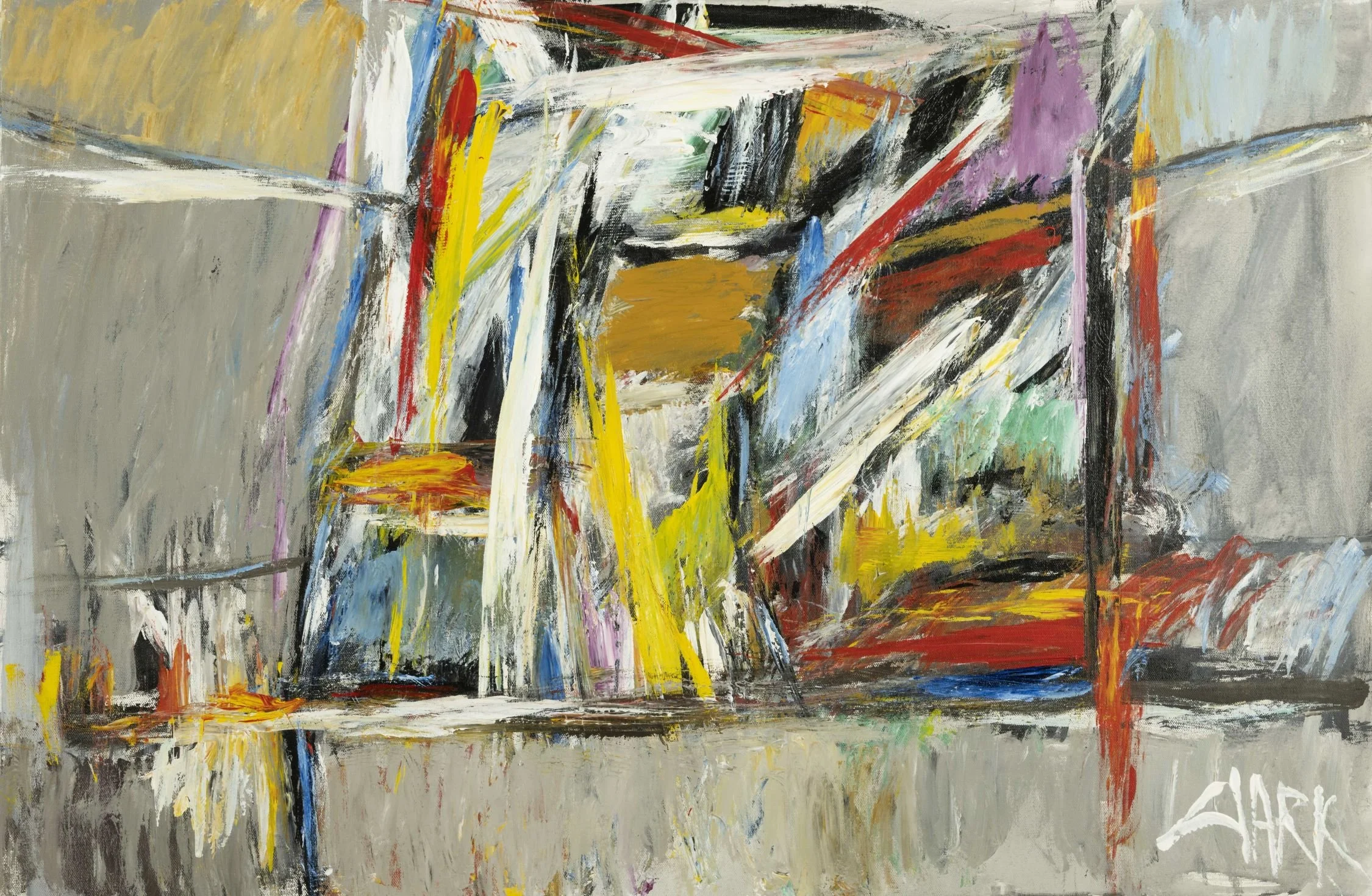 City Block, 24 x 36, #1299.
This abstract painting is composed of intersecting lines and geometric shapes arranged within a clearly defined space. Architectural form is suggested through structure and pattern rather than direct representation.
