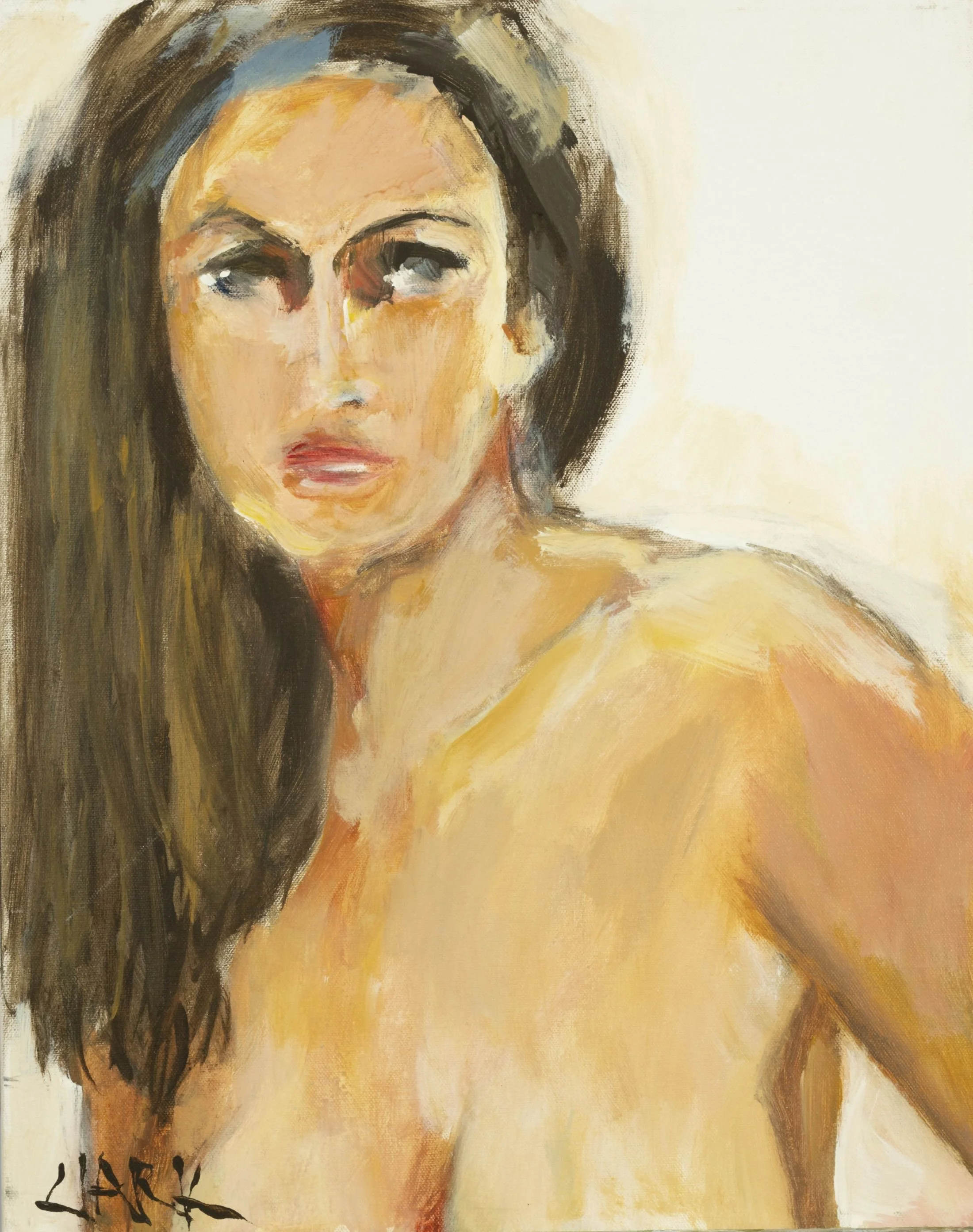 Quiet Gaze, 20 x 16, #1454.
This figurative abstraction presents a close-scale portrait rendered with simplified form and restrained color. Loose brushwork and softened edges organize the figure within a tight composition.
