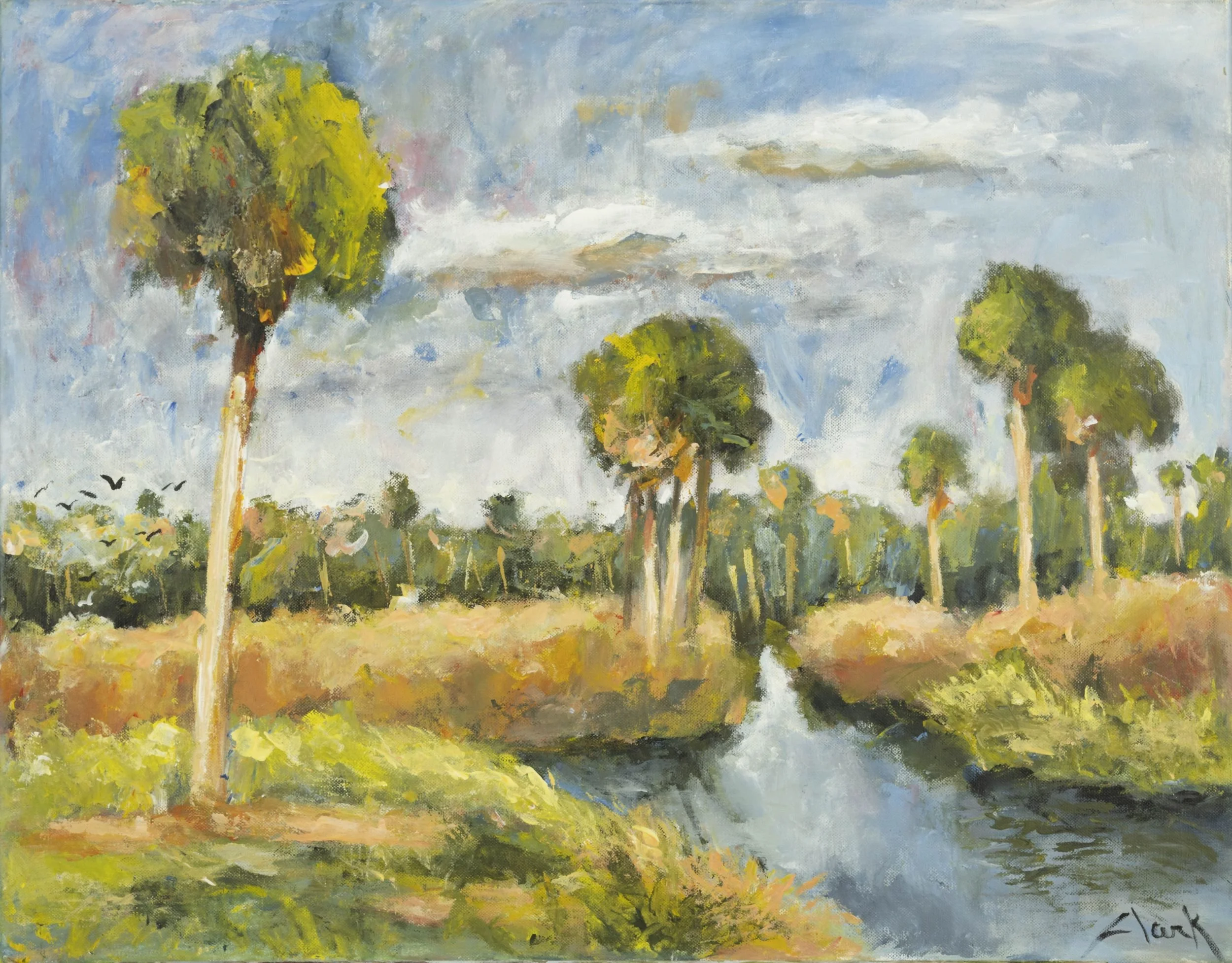 St. John's River Bywater, 22 x 28, #1510.  This landscape offers a subtle impression of a narrow waterway along the St. John’s River near Osteen, Florida. Soft brushwork and layered greens suggest foliage and reflections, with light filtering through