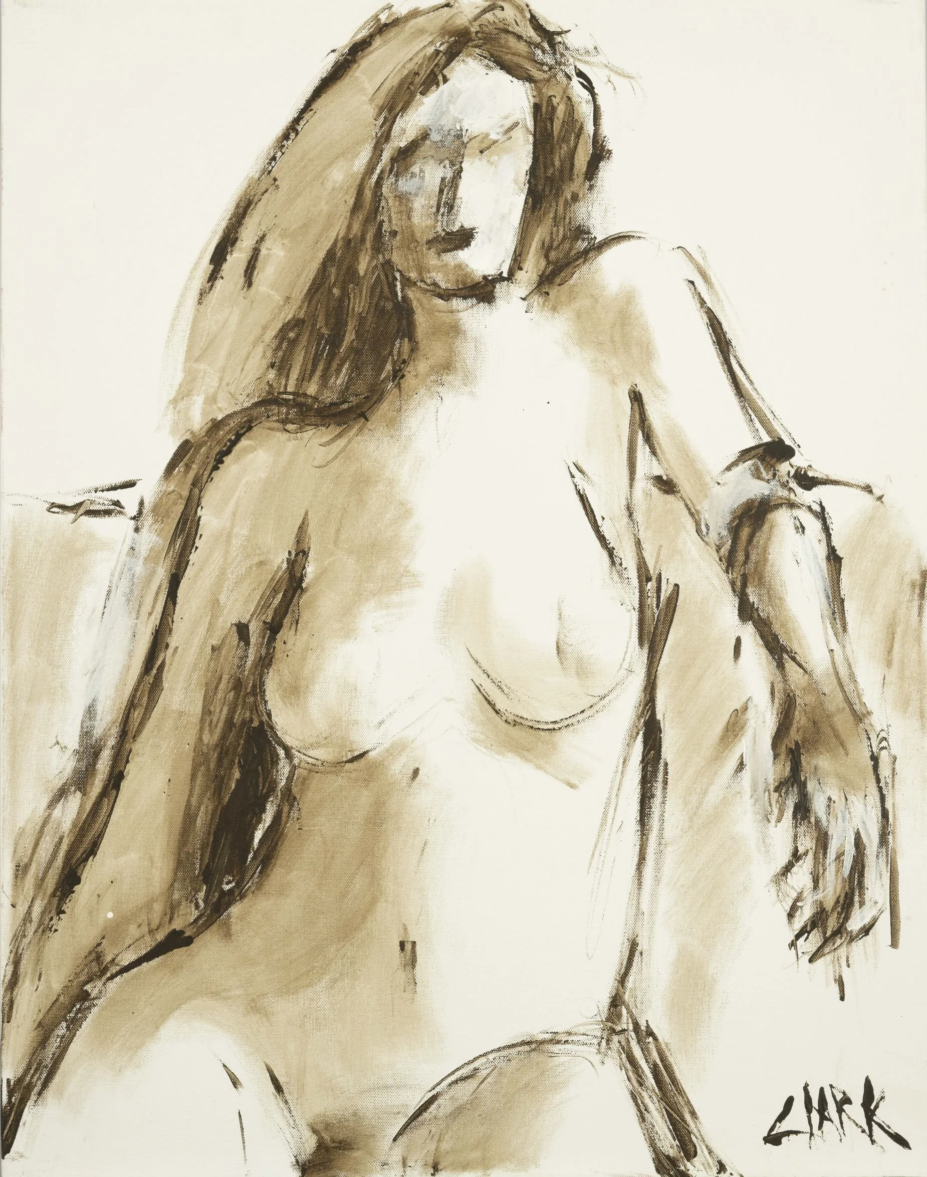 Nude in Sepia, 28 x 22, #1639.
This figurative abstraction depicts a nude woman rendered with loose, sketch-like brushwork against a light ground. A warm, limited sepia palette and simplified anatomy define the form.
