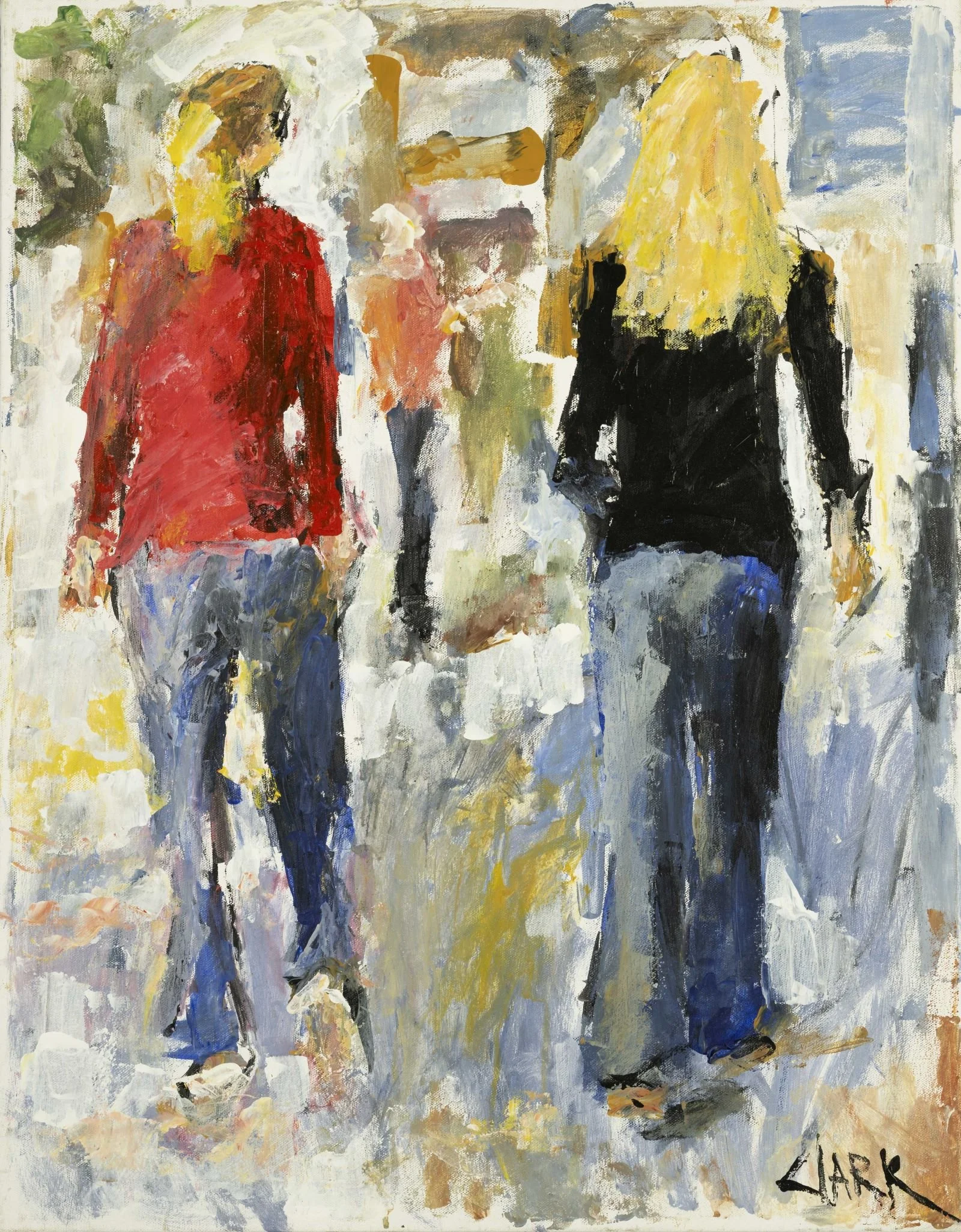 Strolling Park Avenue, 28 x 22, #1469.
Two figures move through a loosely suggested outdoor setting. Simplified shapes and soft brushwork organize the composition through motion and spacing.
