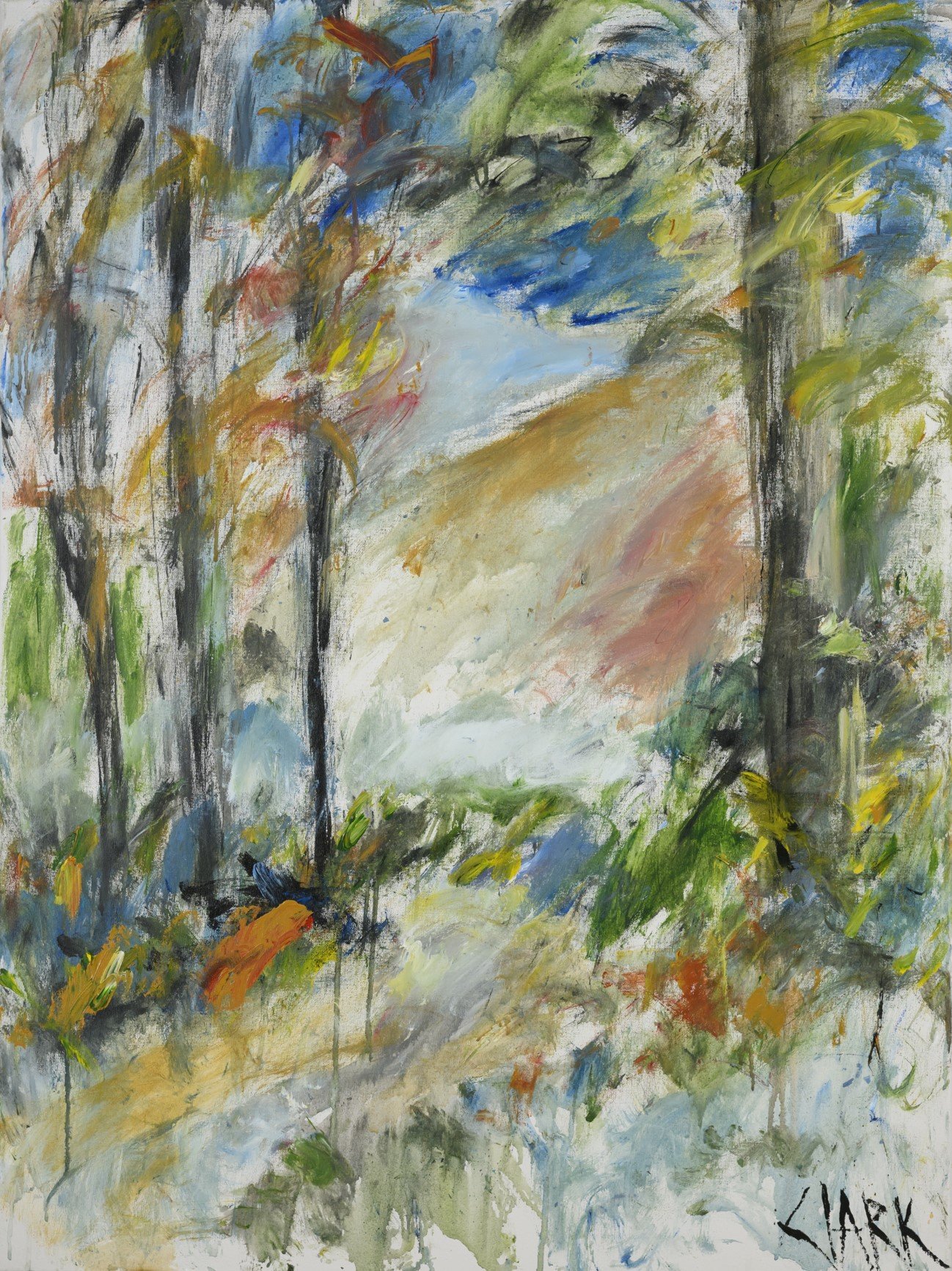Trail and Mountain, 40x30, #1686.  This landscape is constructed through broad gesture and simplified form, with color and line suggesting terrain rather than defining it. A mountain shape appears in the distance, while trees and vegetation are reduc