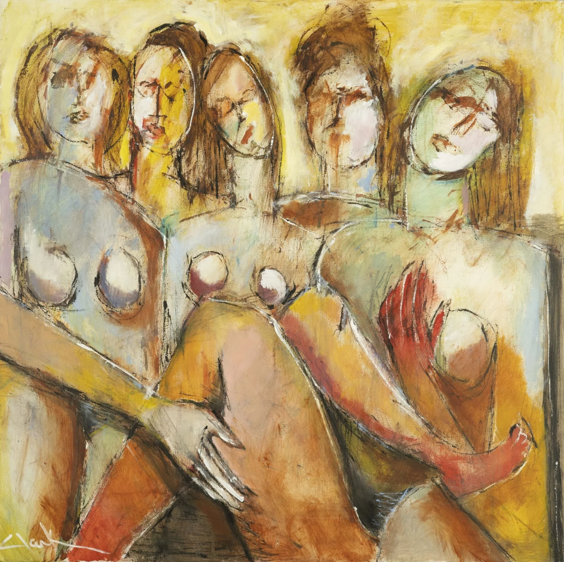 Ya-Ya’s, 36x36, #1386.
This figurative painting presents a small group of women rendered with simplified form and expressive line. Each figure remains distinct in shape while sharing scale and proximity within the grouping. Form is maintained through
