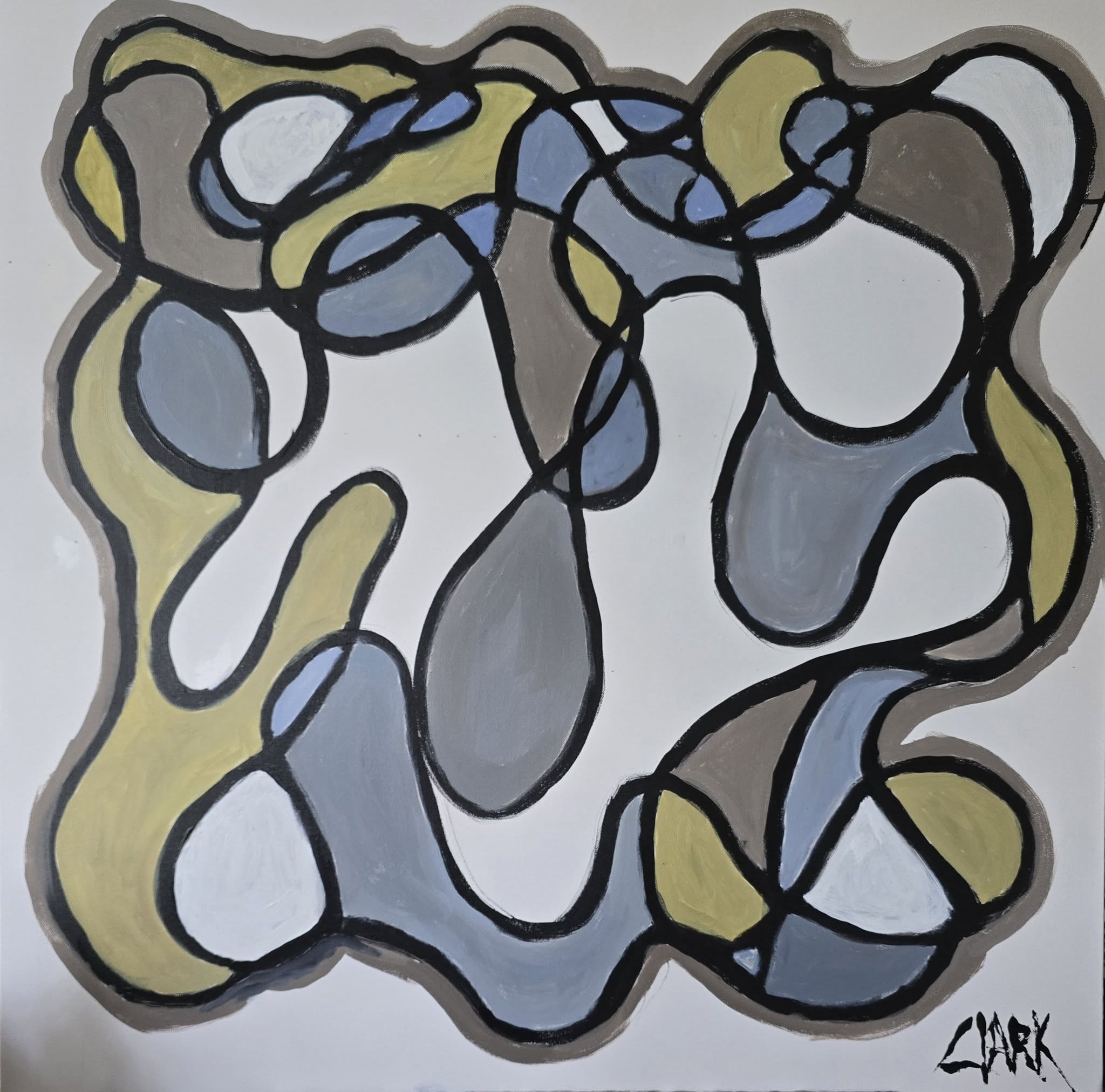 Junction, 36 x 36, #1866.
An abstract work defined by thick, black contour lines enclosing rounded and irregular shapes. Muted fields of color fill each form, creating a balanced arrangement across the surface. The composition relies on line and shap