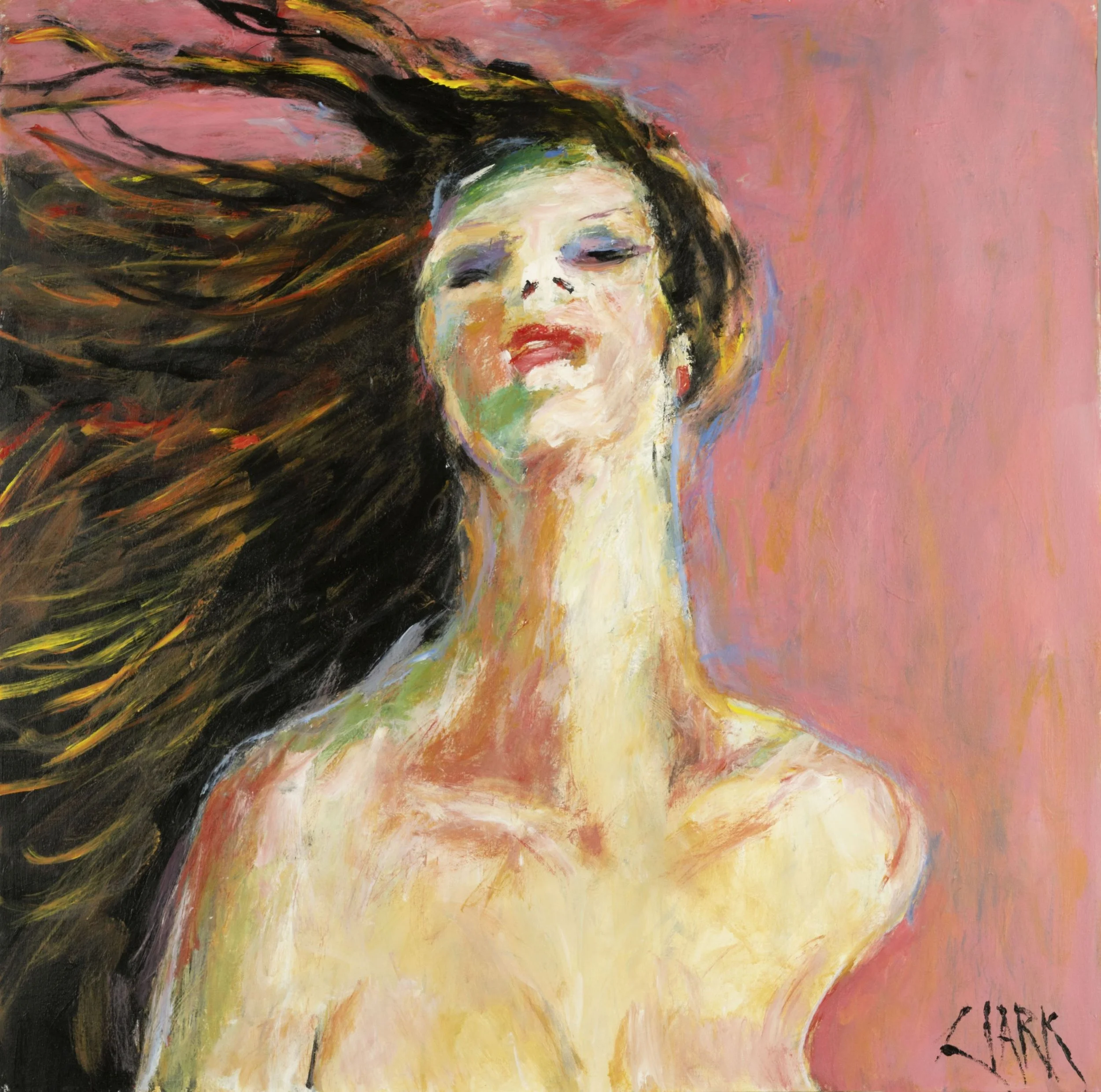 Wild and Free, 36 x 36, #1390.
This figurative abstraction presents a portrait-oriented figure with flowing hair rendered through loose, expressive brushwork. Sweeping movement and simplified form define the figure without detailed likeness.
